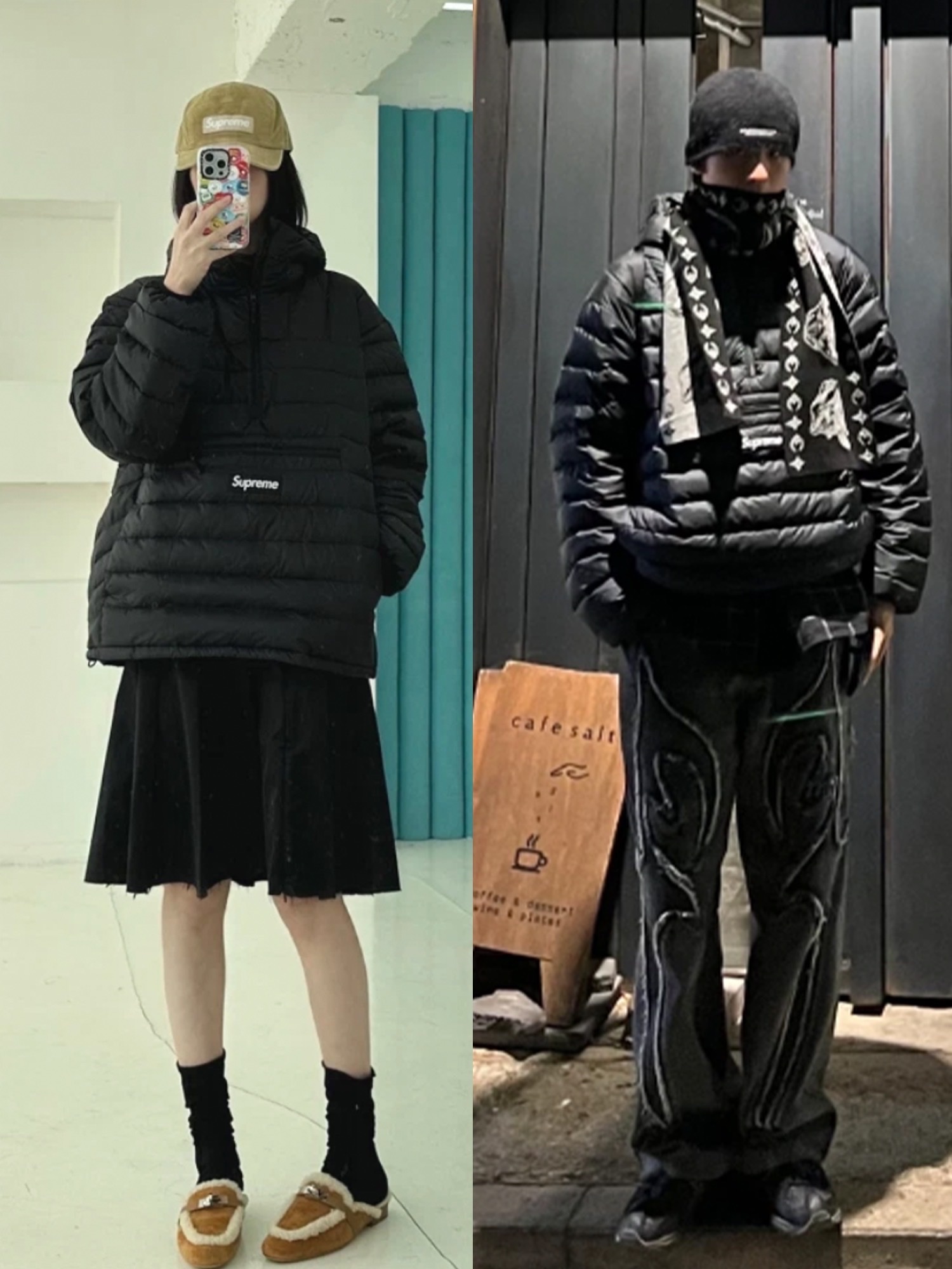 Thisisneverthat x Grateful Dead Iconography Work Pants Off Black, Supreme Micro Down Half Zip Hooded Pullover Black - 22FW 착용 스타일 - 2