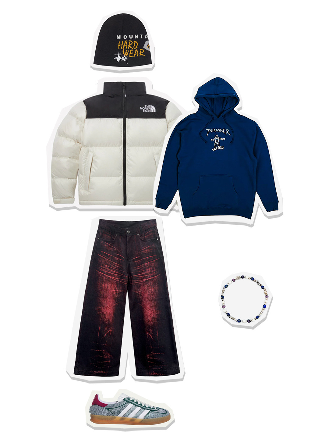 The North Face White Label Novelty Nuptse Down Jacket Cream, Stussy x Mountain Hardwear Merino Wool Skullcap Black 착용 스타일 - 1