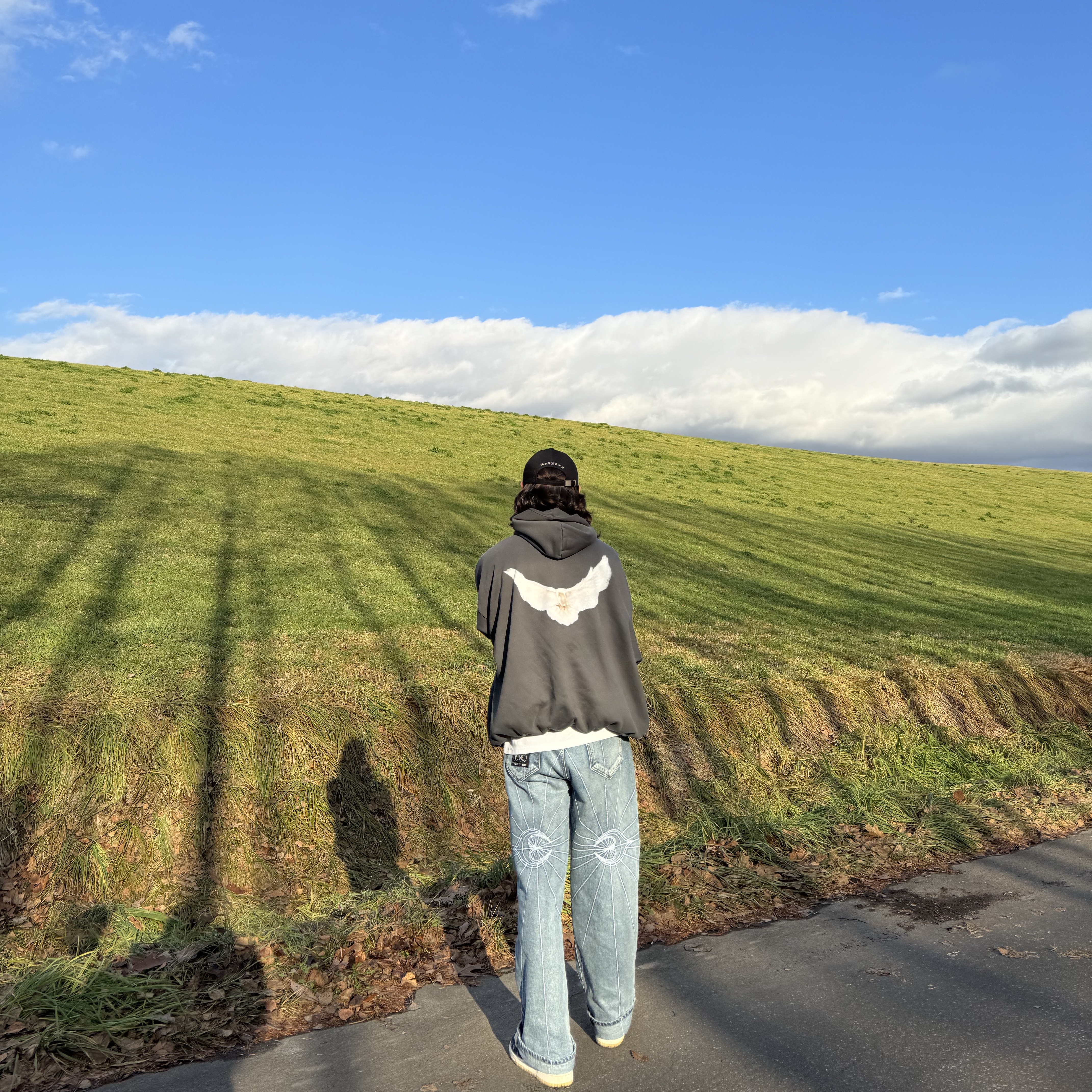 Yeezy Gap Engineered By Balenciaga Dove Hoodie Black, Thug Club Chain Stitch Denim Pants Blue 착용 스타일