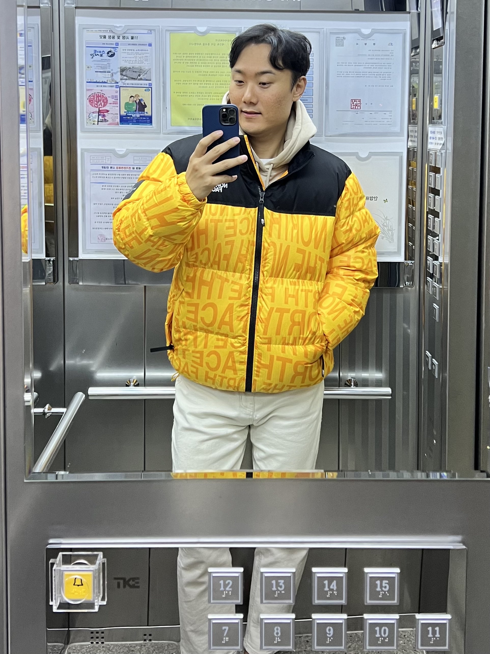 The North Face White Label Novelty Nuptse Down Jacket P Yellow 착용 스타일