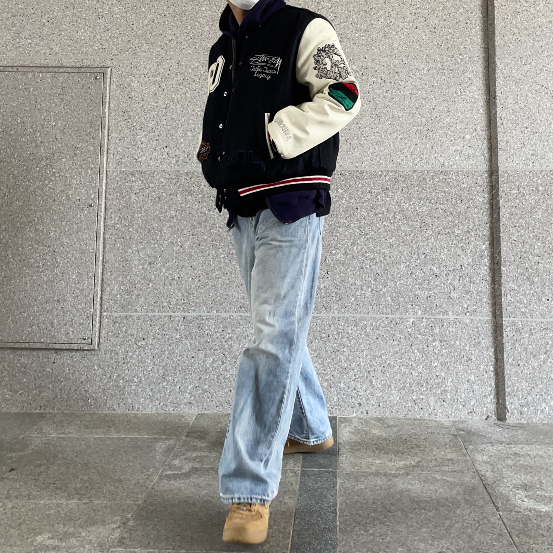 Stussy x Our Legacy x Denim Tears TTL Varsity Jacket Black, Nike x Supreme Air Force 1 Low Flax 착용 스타일