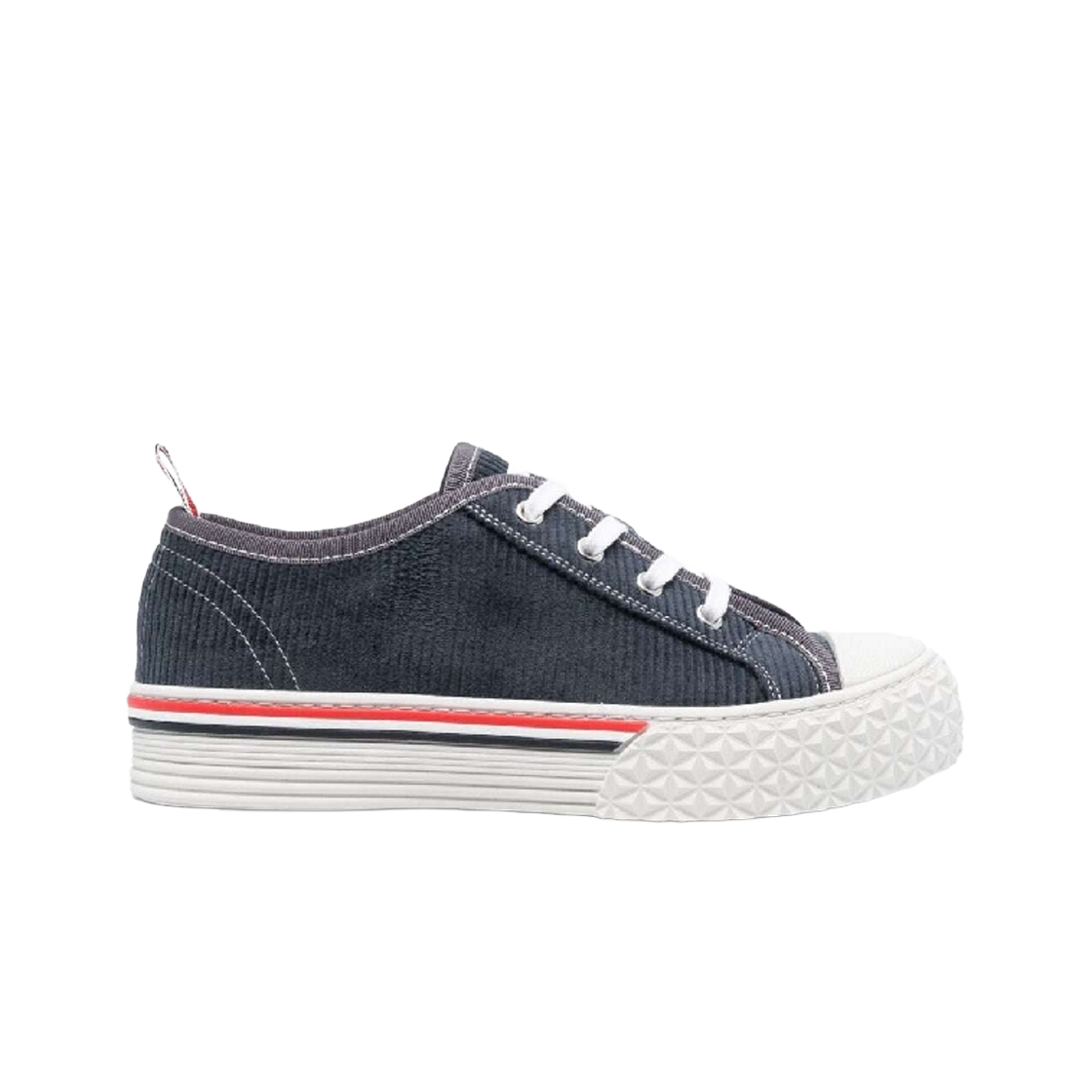 FFD125A-F0220-415 (W) Thom Browne Corduroy Collegiate Low Top Trainer Navy