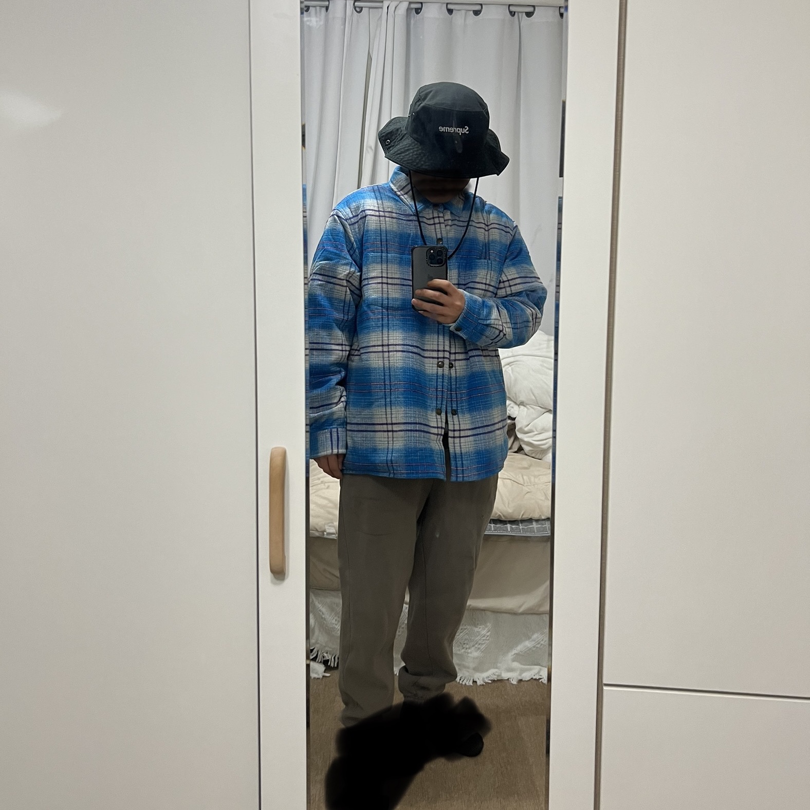 Supreme Lined Flannel Snap Shirt Blue - 23FW, Supreme Military Boonie Black - 23FW 착용 스타일