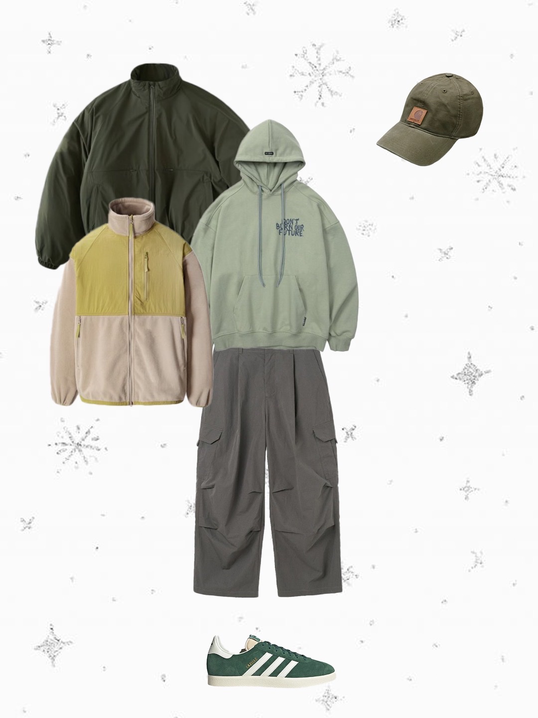 Carhartt Canvas Cap Army Green, Adidas Gazelle Dark Green Cream White 착용 스타일 - 2