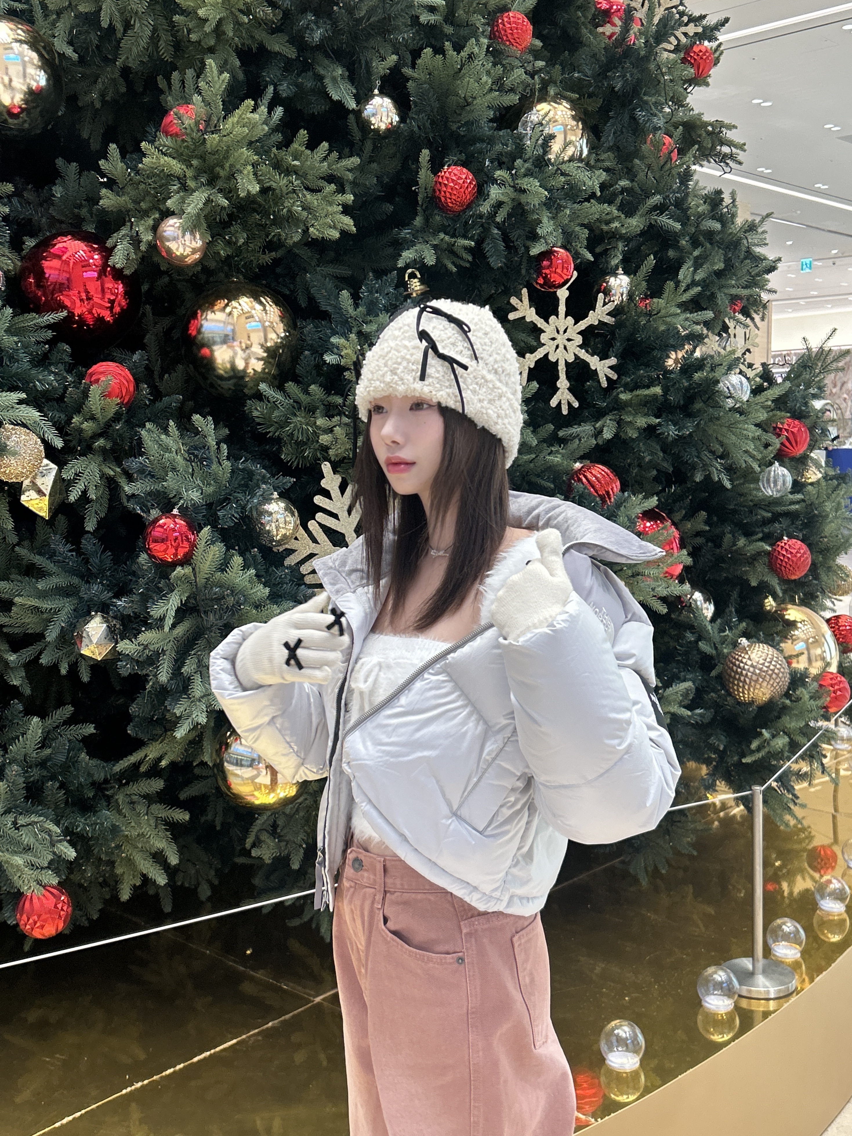 (W) The North Face White Label Novelty Nuptse Down Jacket Ice Gray 착용 스타일 - 4