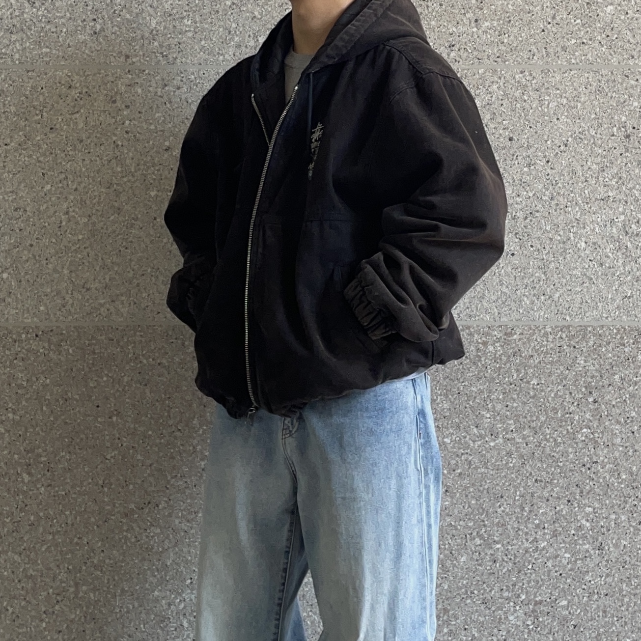 Nike x Stussy Air Force 1 Low Triple Black, Stussy Canvas Insulated Work Jacket Black 착용 스타일 - 2