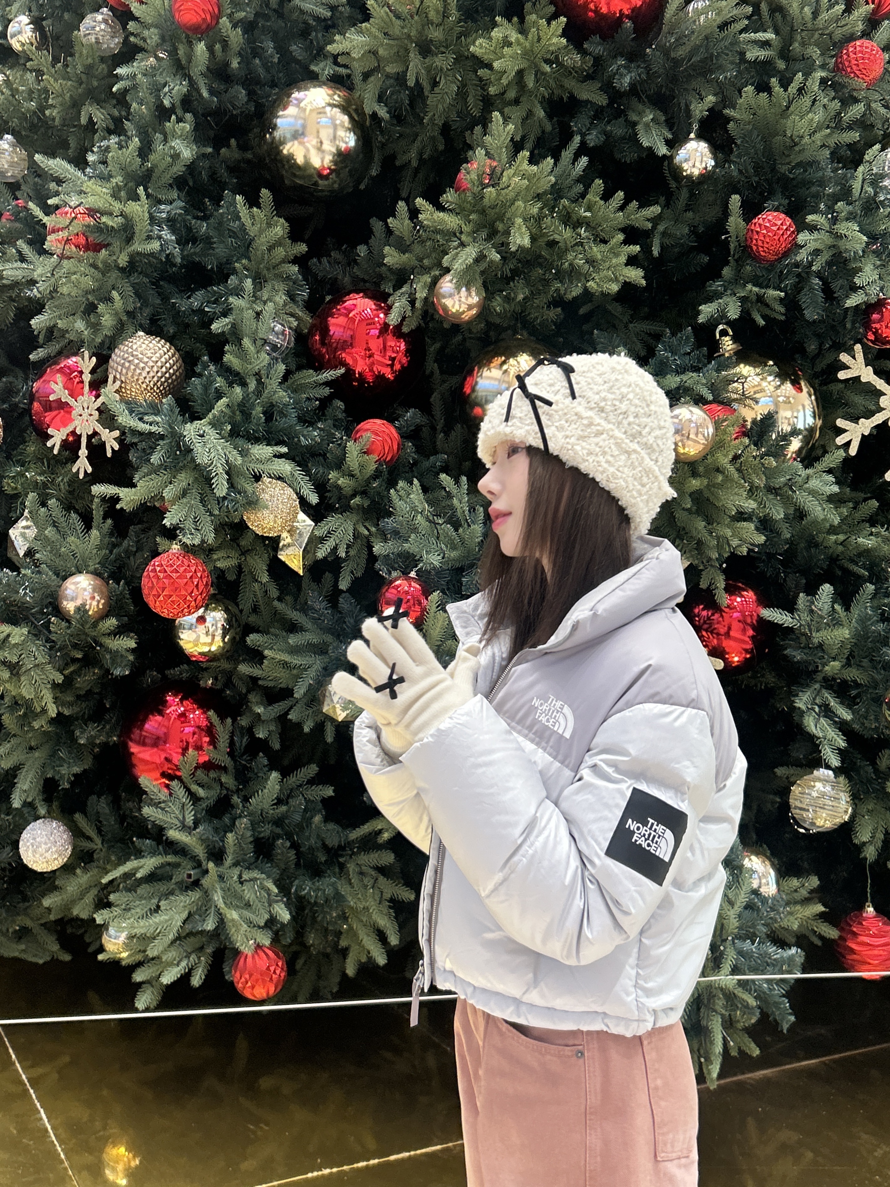 (W) The North Face White Label Novelty Nuptse Down Jacket Ice Gray 착용 스타일 - 6