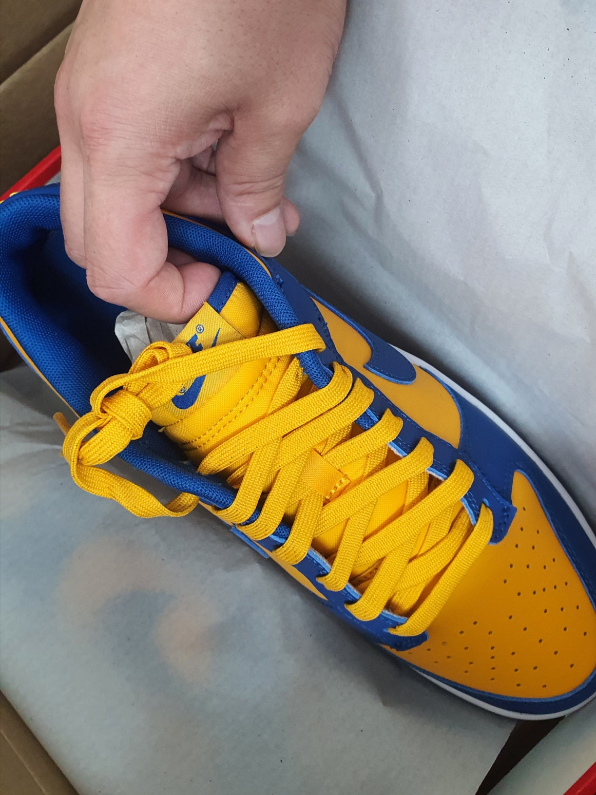 Nike Dunk Low Retro Blue Jay and University Gold 착용 스타일 - 2