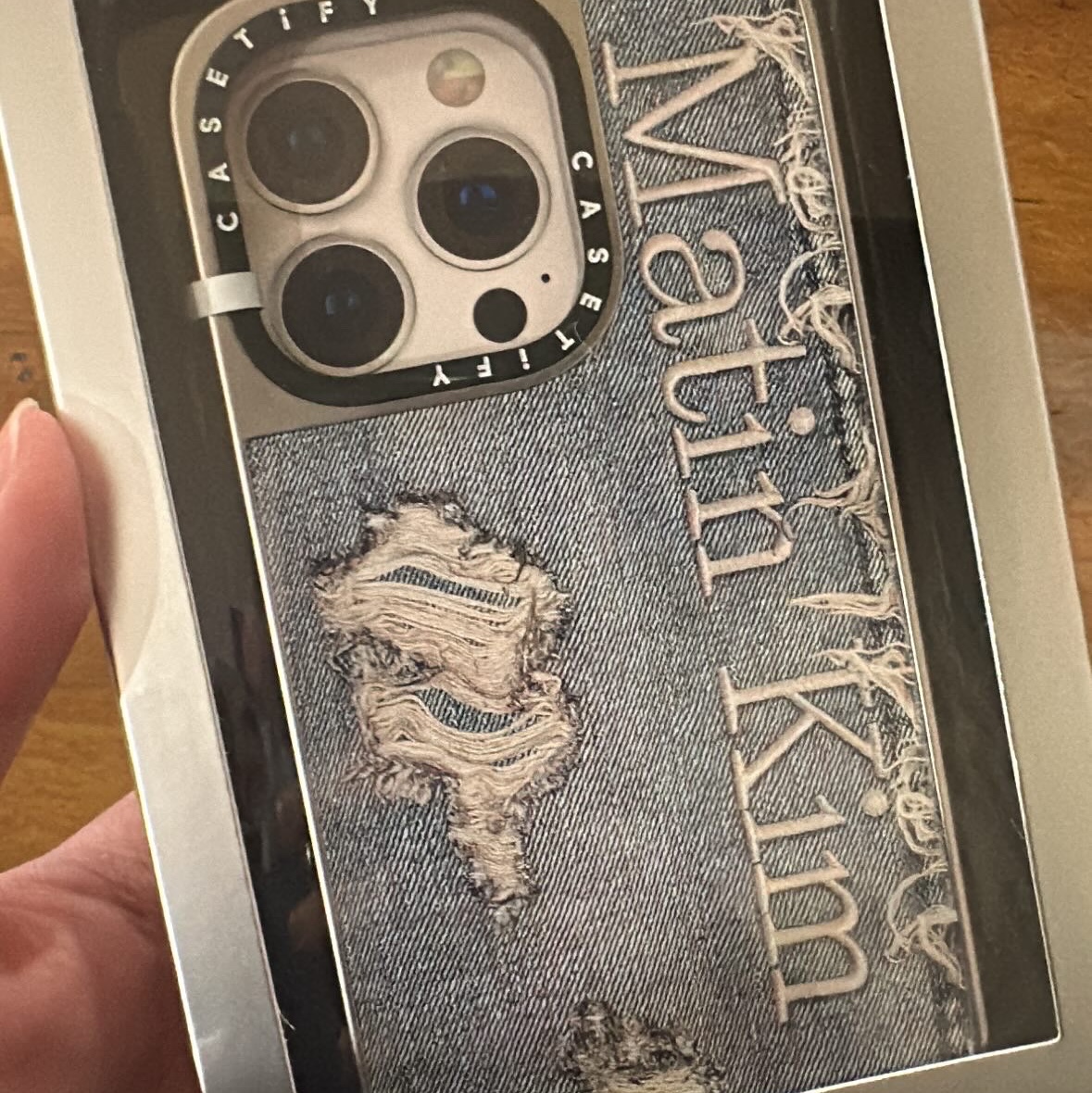 Casetify x Matin Kim iPhone Destroyed Denim Magsafe Mirror Case Silver 착용 스타일