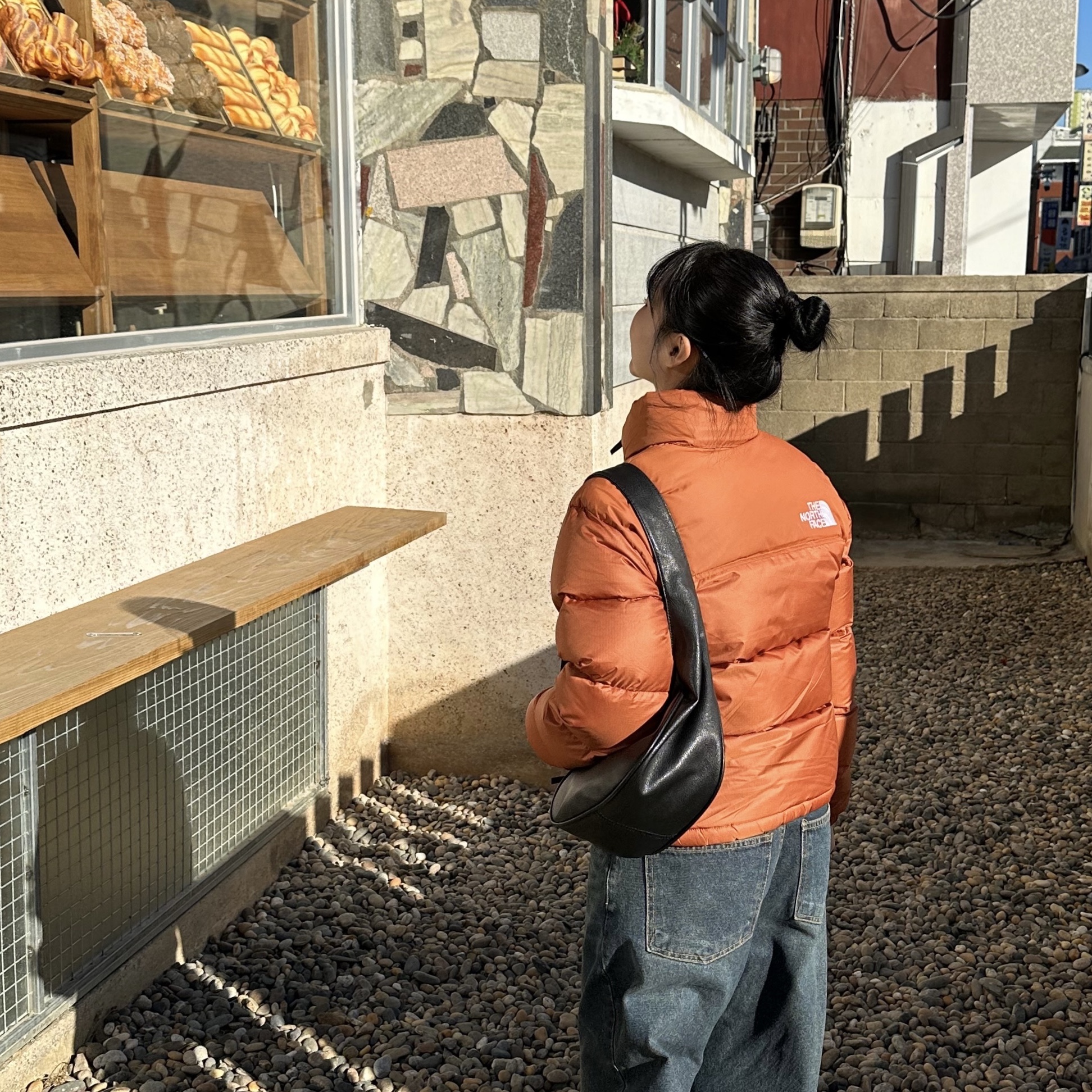 (W) The North Face 1996 Eco Nuptse Jacket Mandarin Orange, New Balance 574 Worn By Anyone Grey - D Standard 착용 스타일 - 3