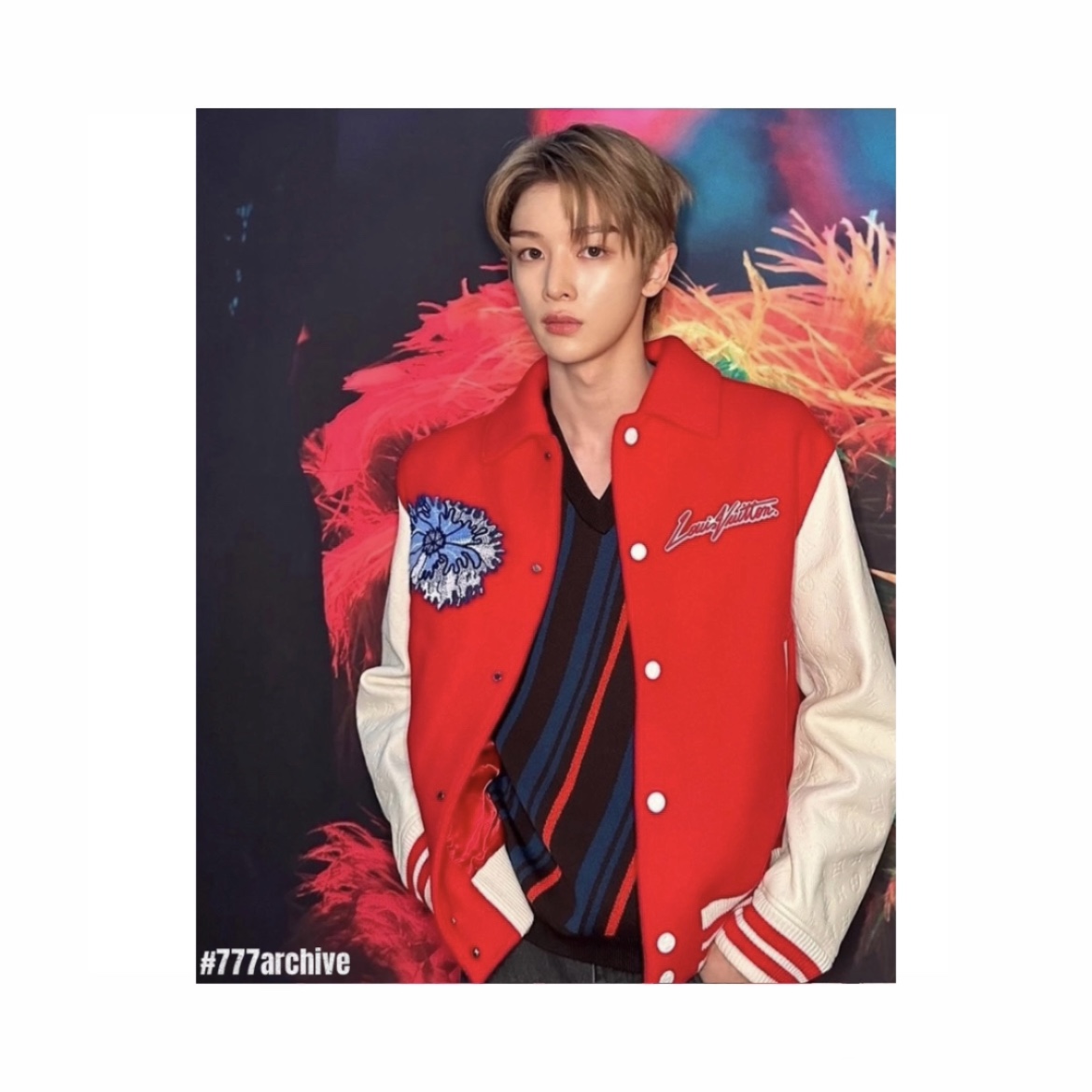 Louis Vuitton x YK Psychedelic Flower Embroidered Varsity Blouson Red 착용 스타일 - 1