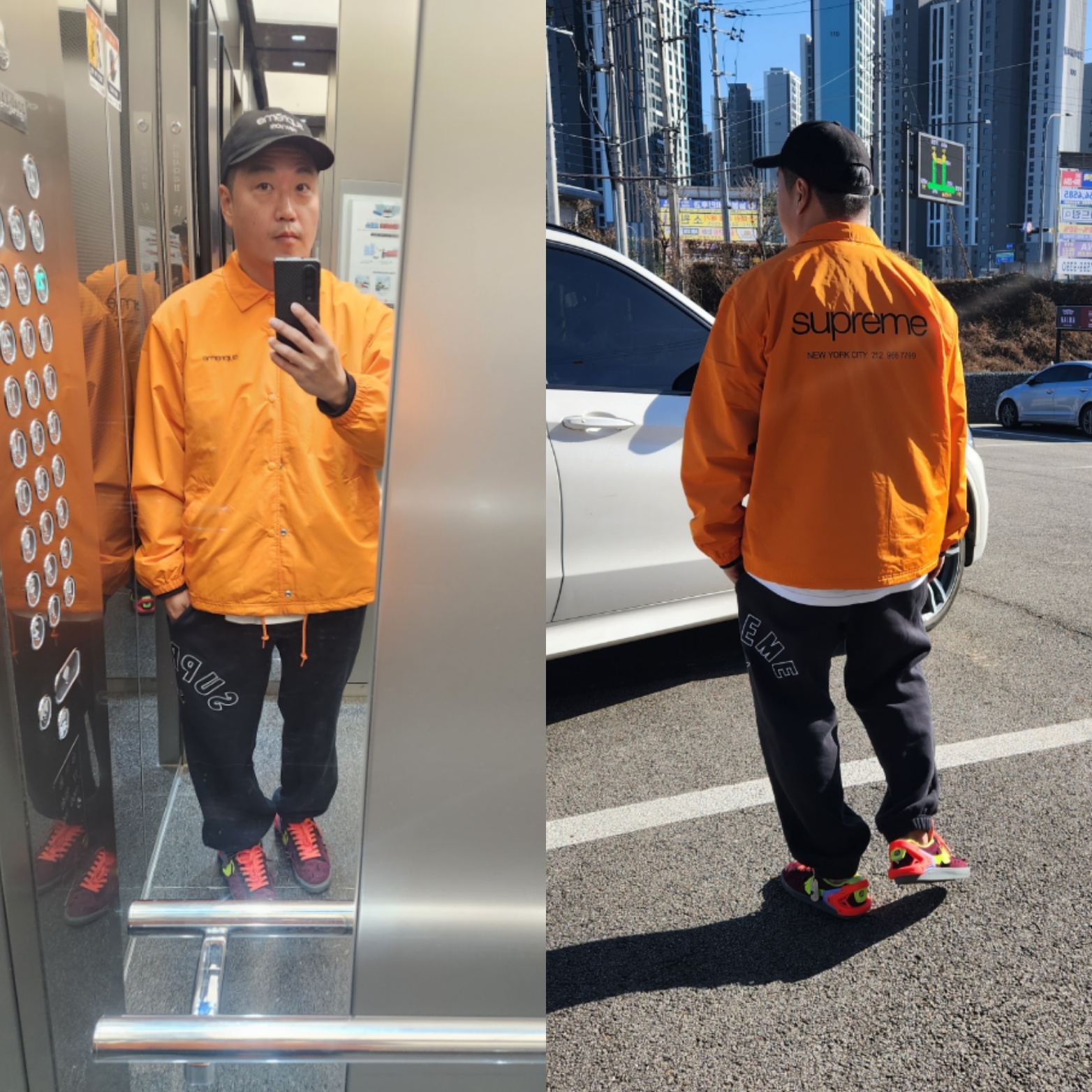 Supreme NYC Coaches Jacket Orange - 23FW, Supreme x Nike Arc Sweatpants Black - 22SS 착용 스타일