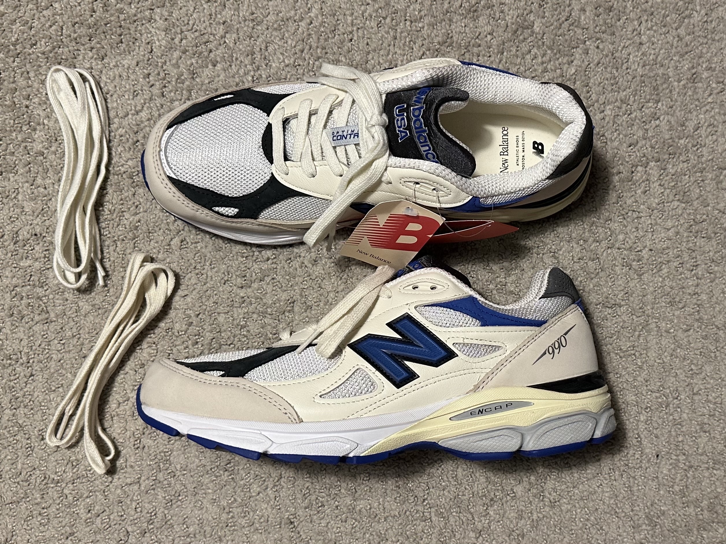 New Balance 990v3 Made in USA White Blue 착용 스타일 - 3