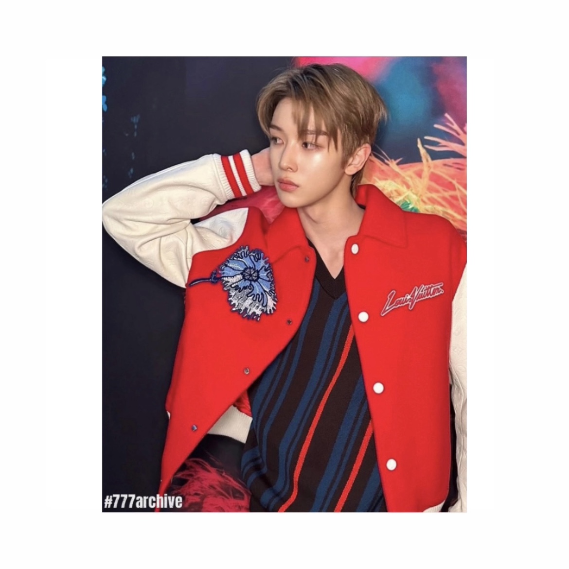Louis Vuitton x YK Psychedelic Flower Embroidered Varsity Blouson Red 착용 스타일 - 2