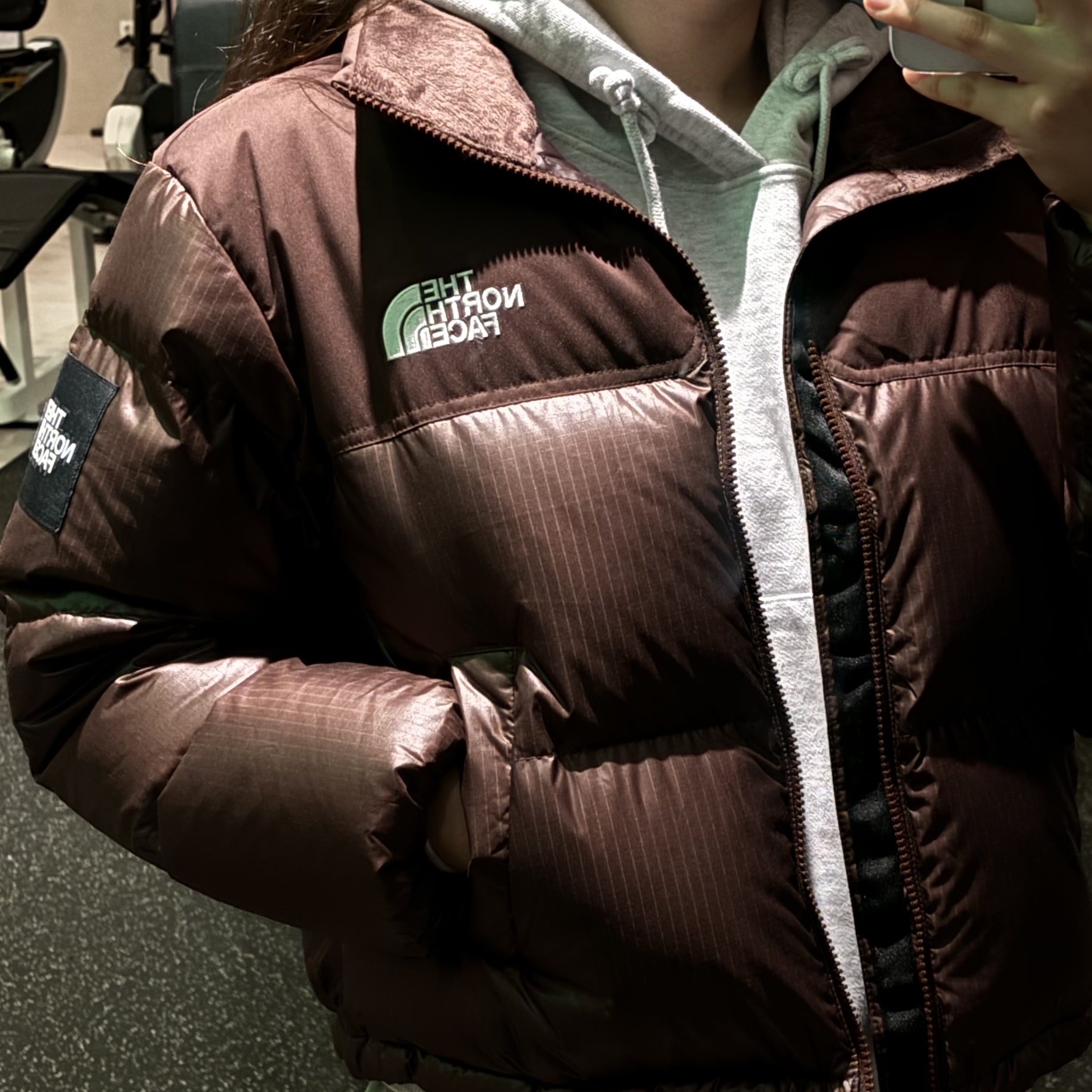 (W) The North Face White Label Novelty Nuptse Down Jacket Cocoa Brown 착용 스타일