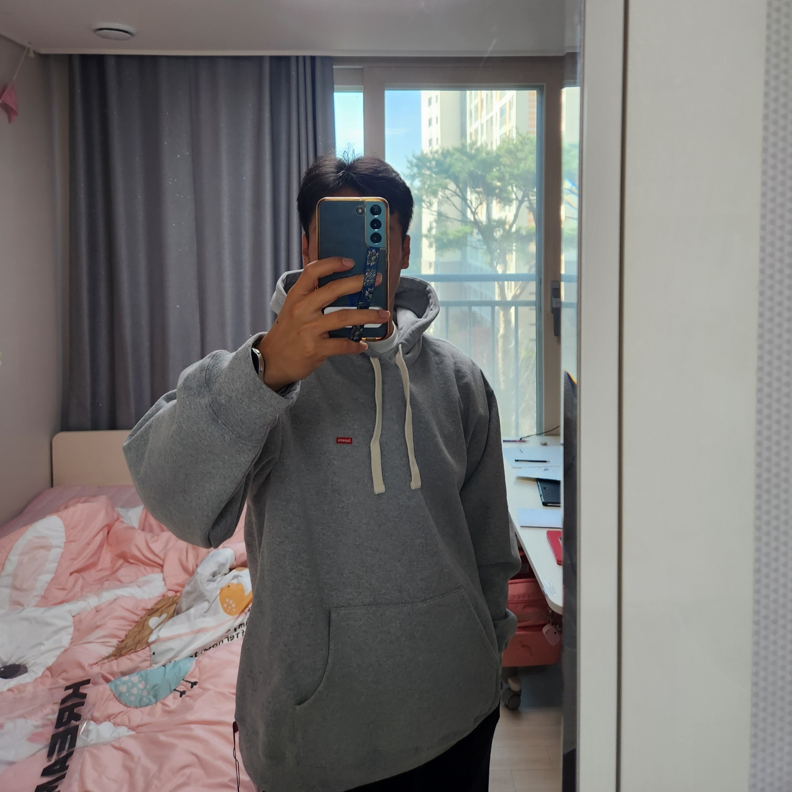 Supreme Small Box Drawcord Hooded Sweatshirt Heather Grey - 23FW 착용 스타일