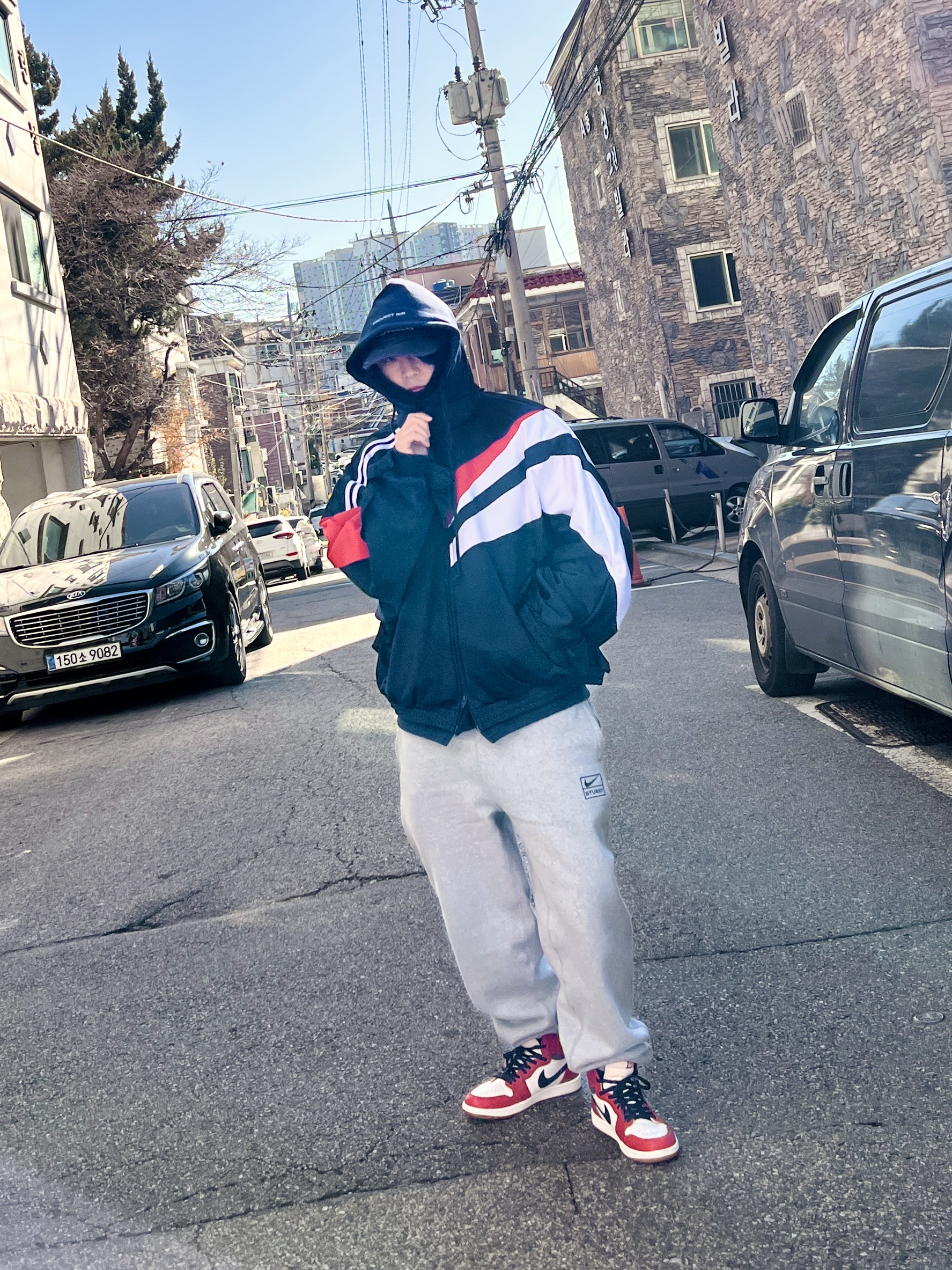 Project G/R Hybrid Hooded Track Jacket Navy, Nike x Stussy NRG Fleece Pants Dark Grey Heather (DO9340-063) 착용 스타일 - 6