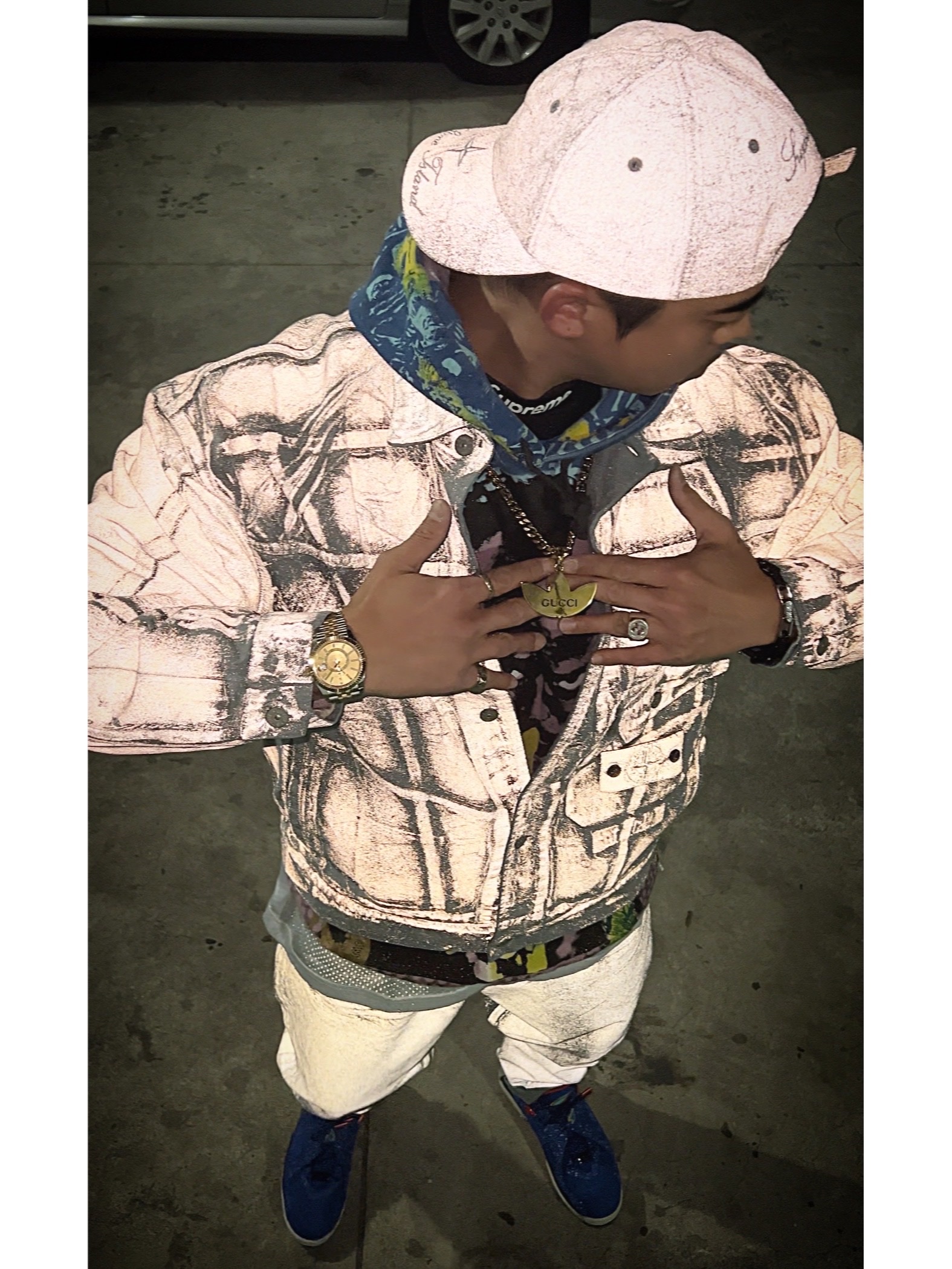Supreme x Stone Island Denim 6-Panel Reflective - 23FW, Supreme x Stone Island Denim Trucker Jacket Reflective - 23FW 착용 스타일 - 2