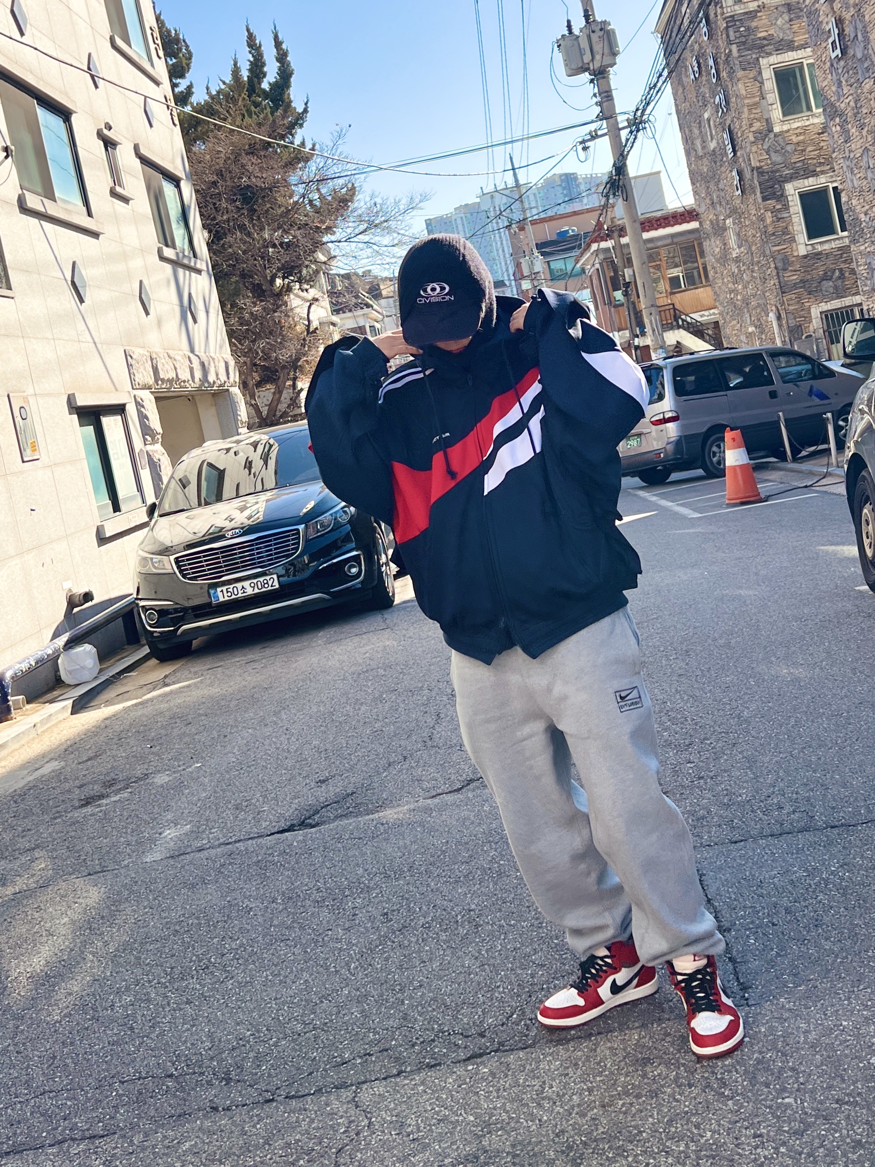 Project G/R Hybrid Hooded Track Jacket Navy, Nike x Stussy NRG Fleece Pants Dark Grey Heather (DO9340-063) 착용 스타일 - 4