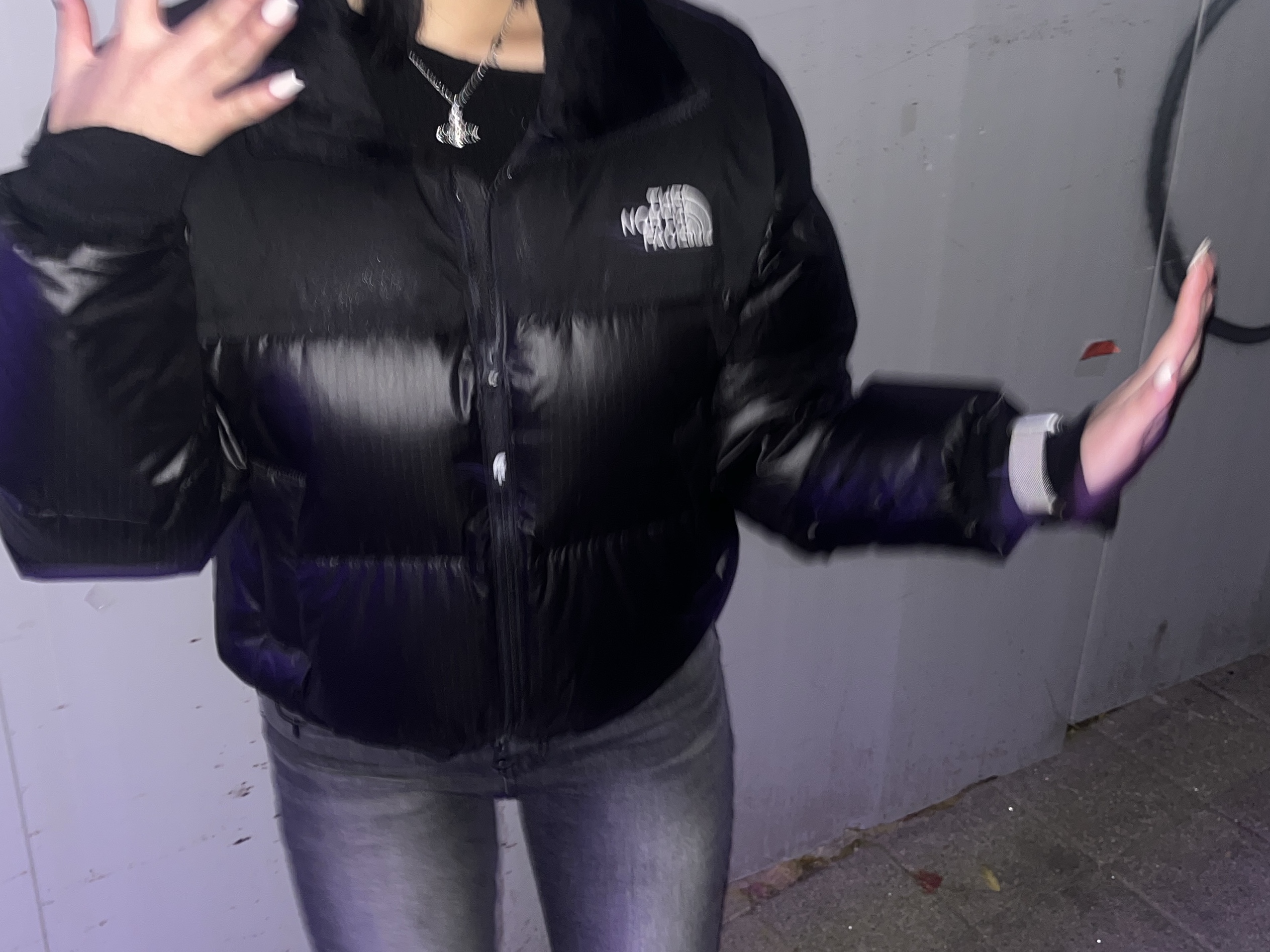 (W) The North Face White Label Novelty Nuptse Down Jacket Black 착용 스타일 - 3
