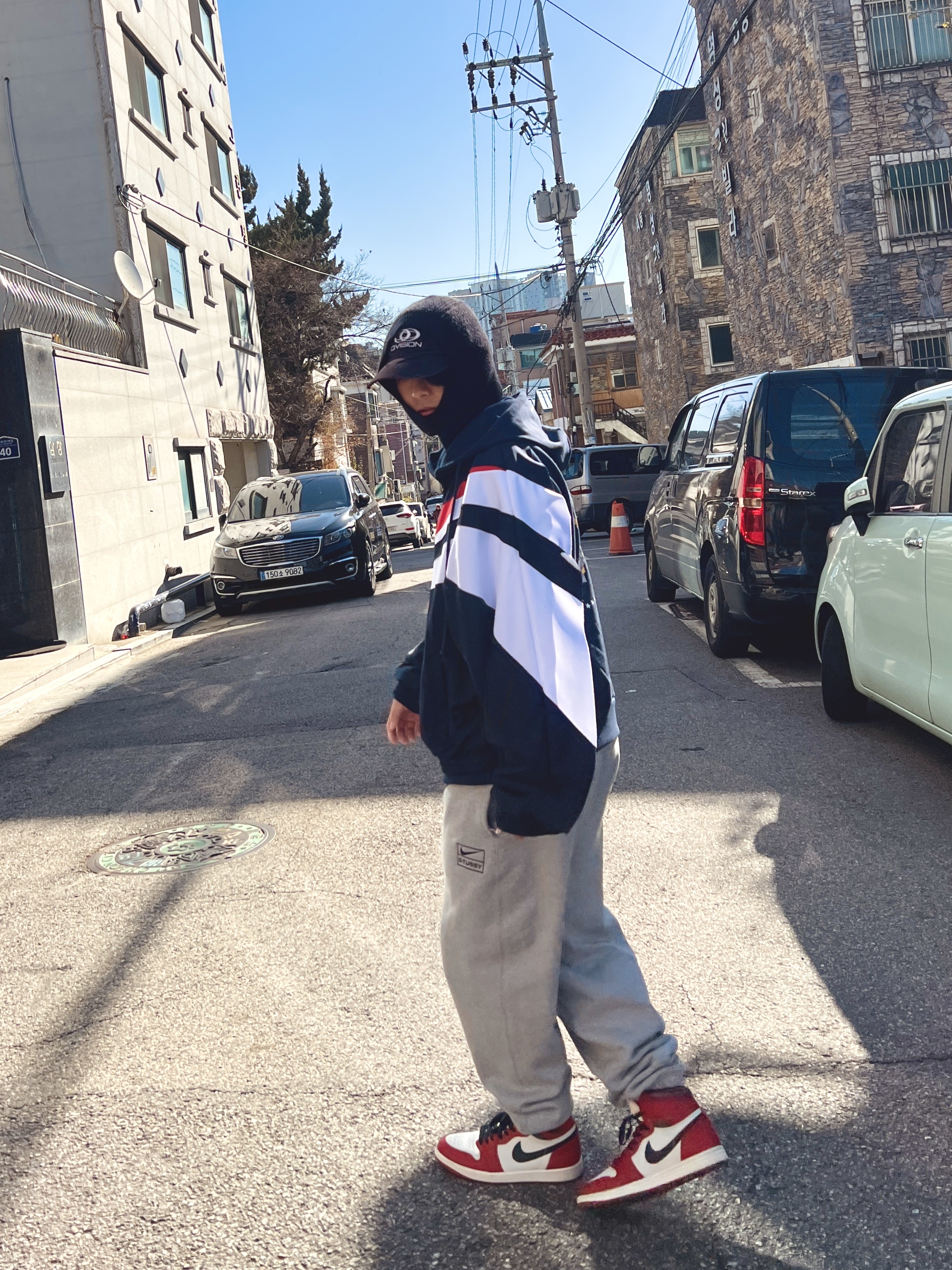 Project G/R Hybrid Hooded Track Jacket Navy, Nike x Stussy NRG Fleece Pants Dark Grey Heather (DO9340-063) 착용 스타일 - 1