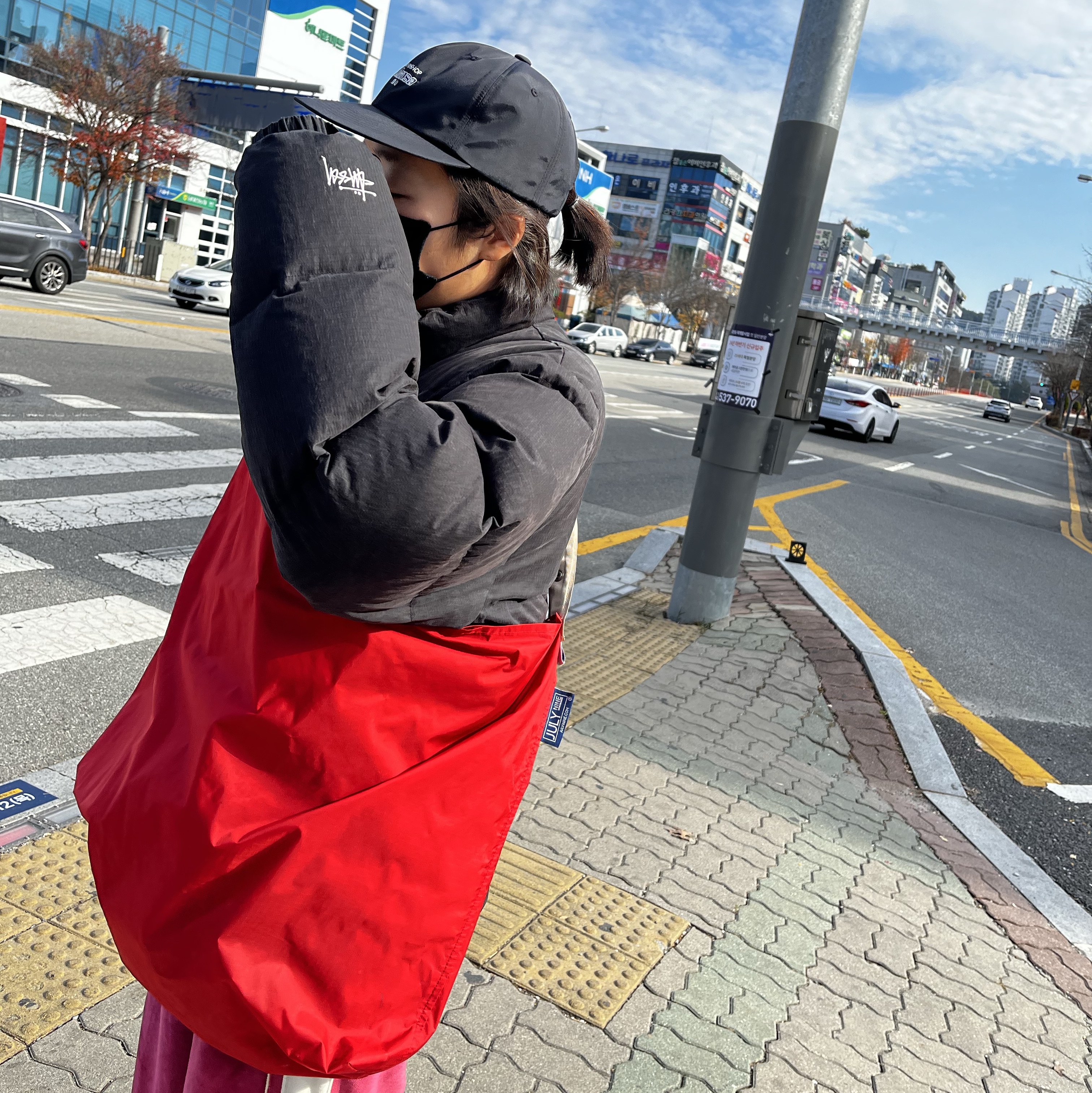 Stussy Ripstop Down Puffer Jacket Black, Champion x Thisisneverthat Velour Track Pants Plum 착용 스타일 - 2