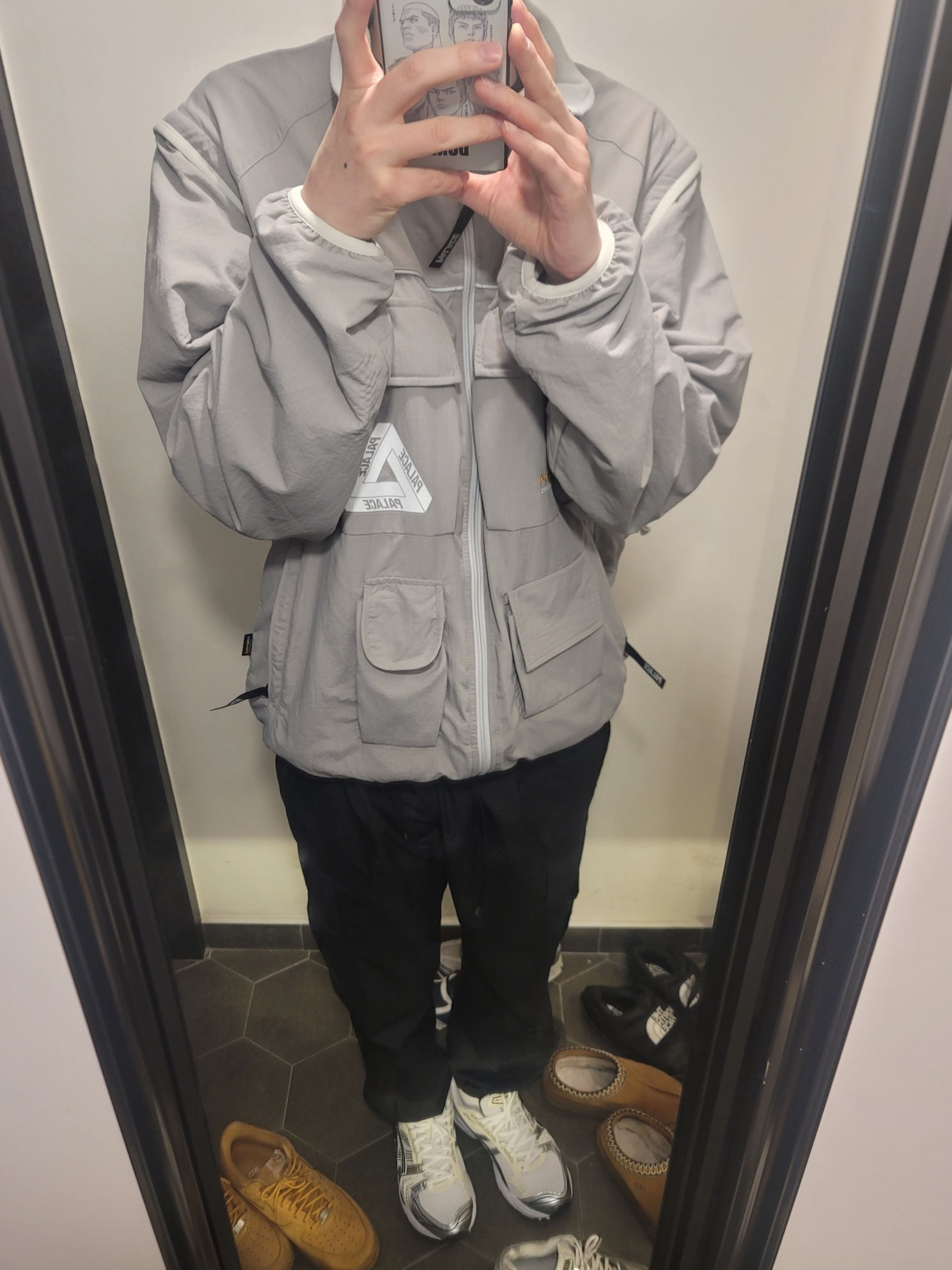 Palace Cordura RS Zip Off Jacket Grey - 22FW, (W) Asics Gel-Kayano 14 White Midnight 착용 스타일