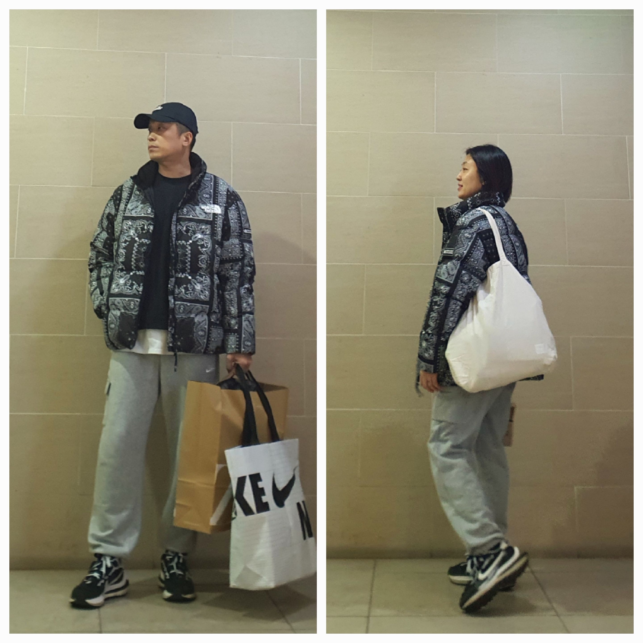 The North Face Novelty Lofty Down Jacket Real Black, Nike x Sacai VaporWaffle Black White 착용 스타일 - 1