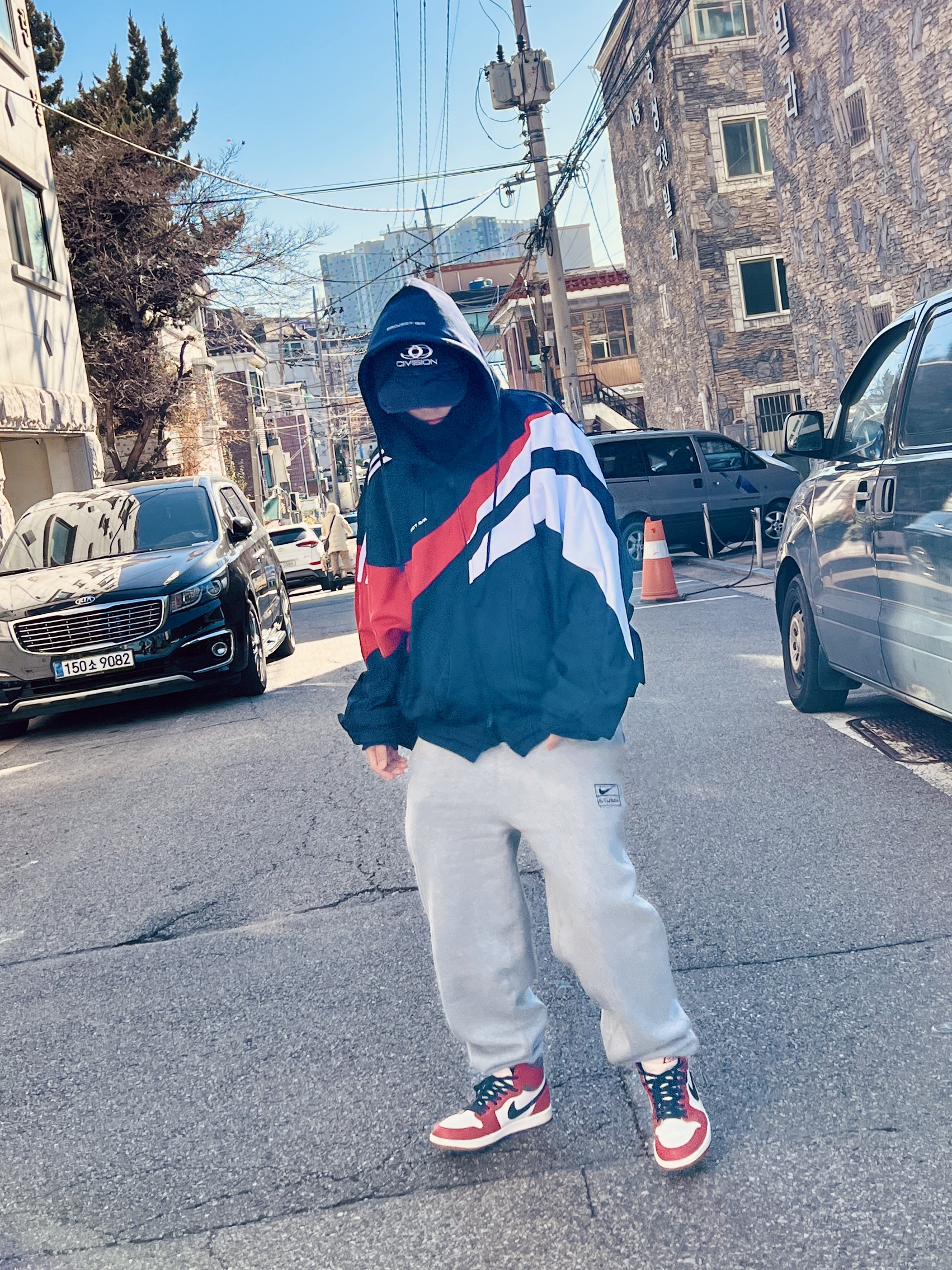 Project G/R Hybrid Hooded Track Jacket Navy, Nike x Stussy NRG Fleece Pants Dark Grey Heather (DO9340-063) 착용 스타일 - 5