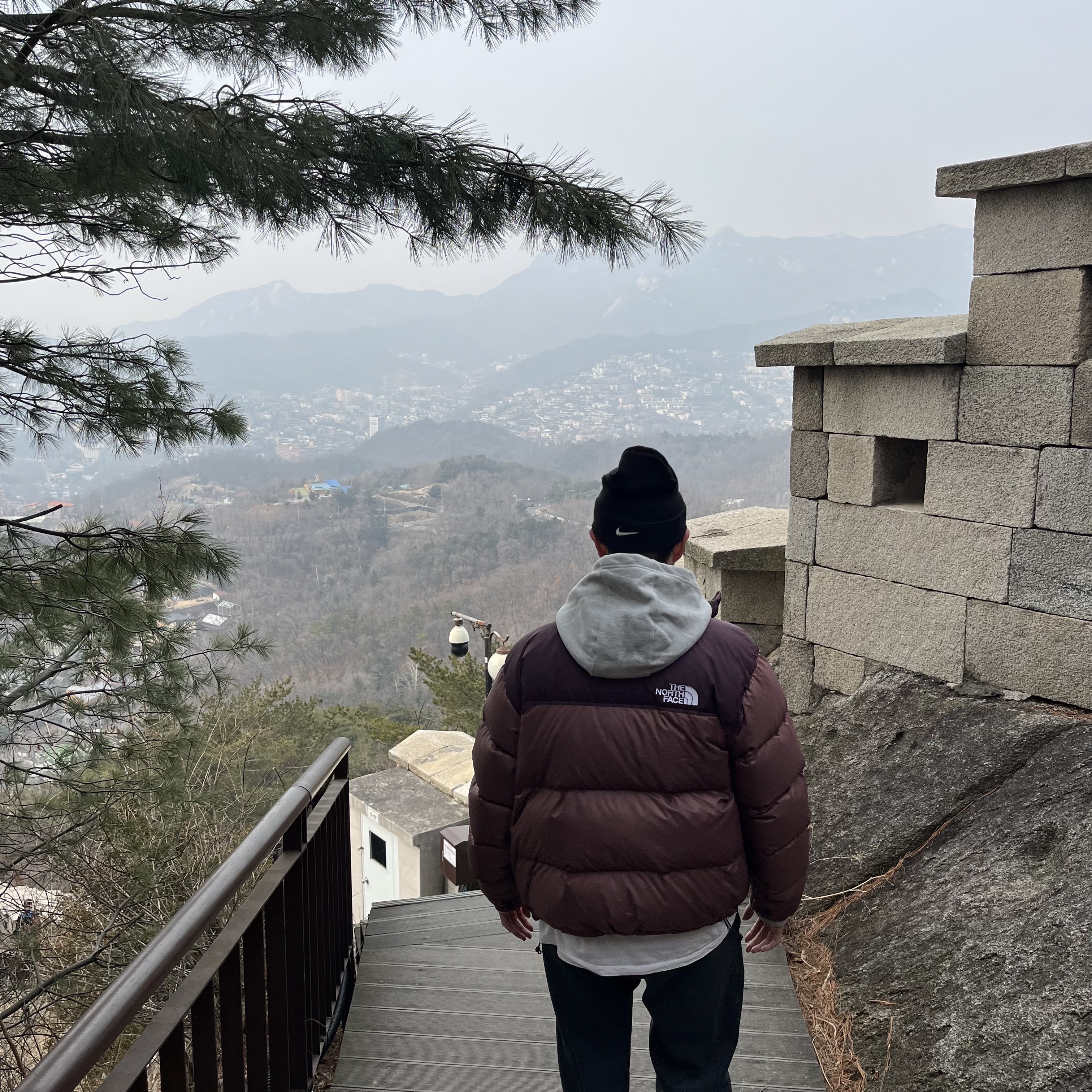 The North Face 1996 Retro Nuptse Jacket Dark Oak 착용 스타일