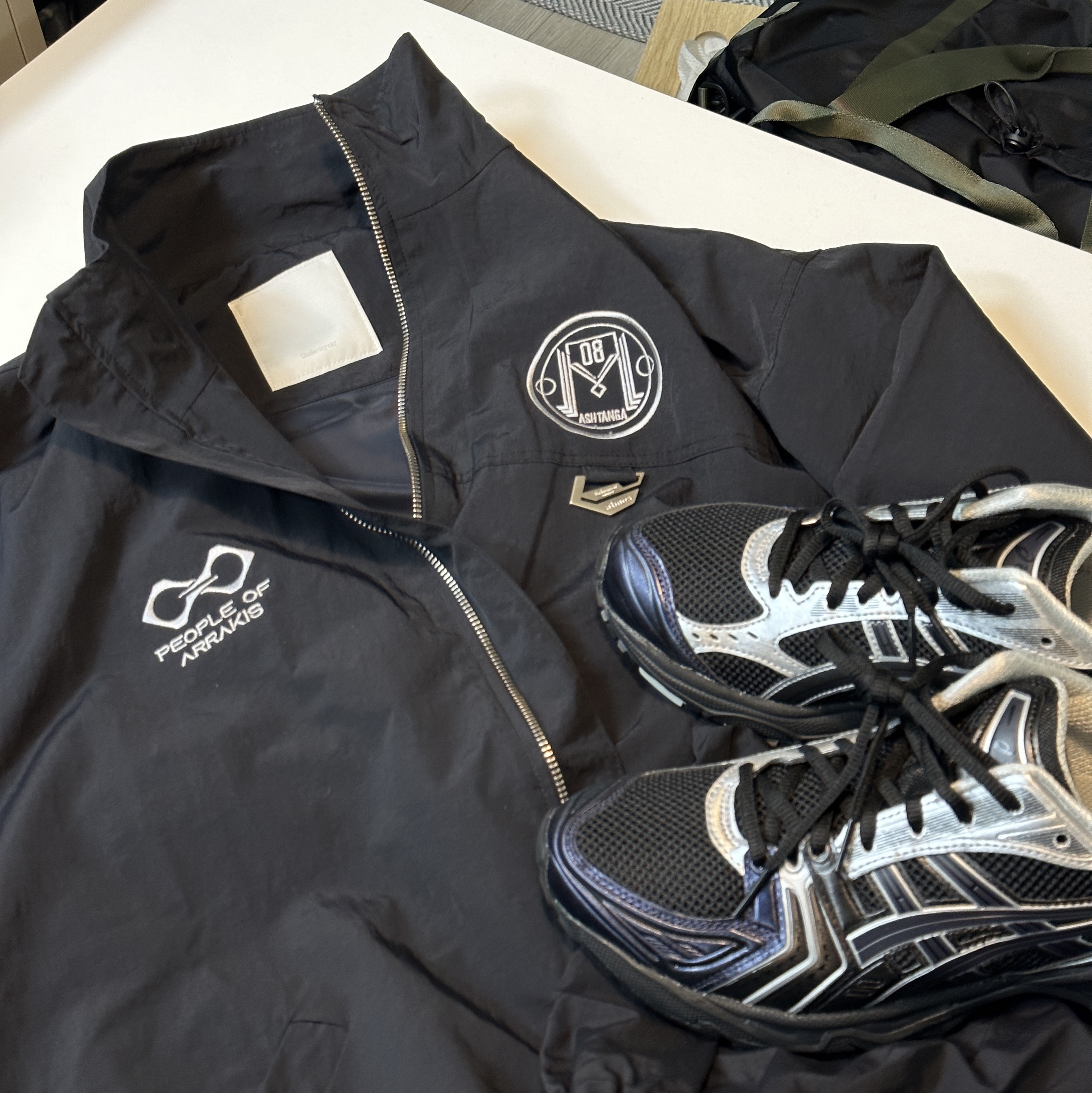 Asics x Atmos x Undermycar Gel-Kayano 14 Black Pure Silver, Undermycar x Atmos Dharana Ashtanga Pull-Up Jacket Pirate Black - 23FW 착용 스타일