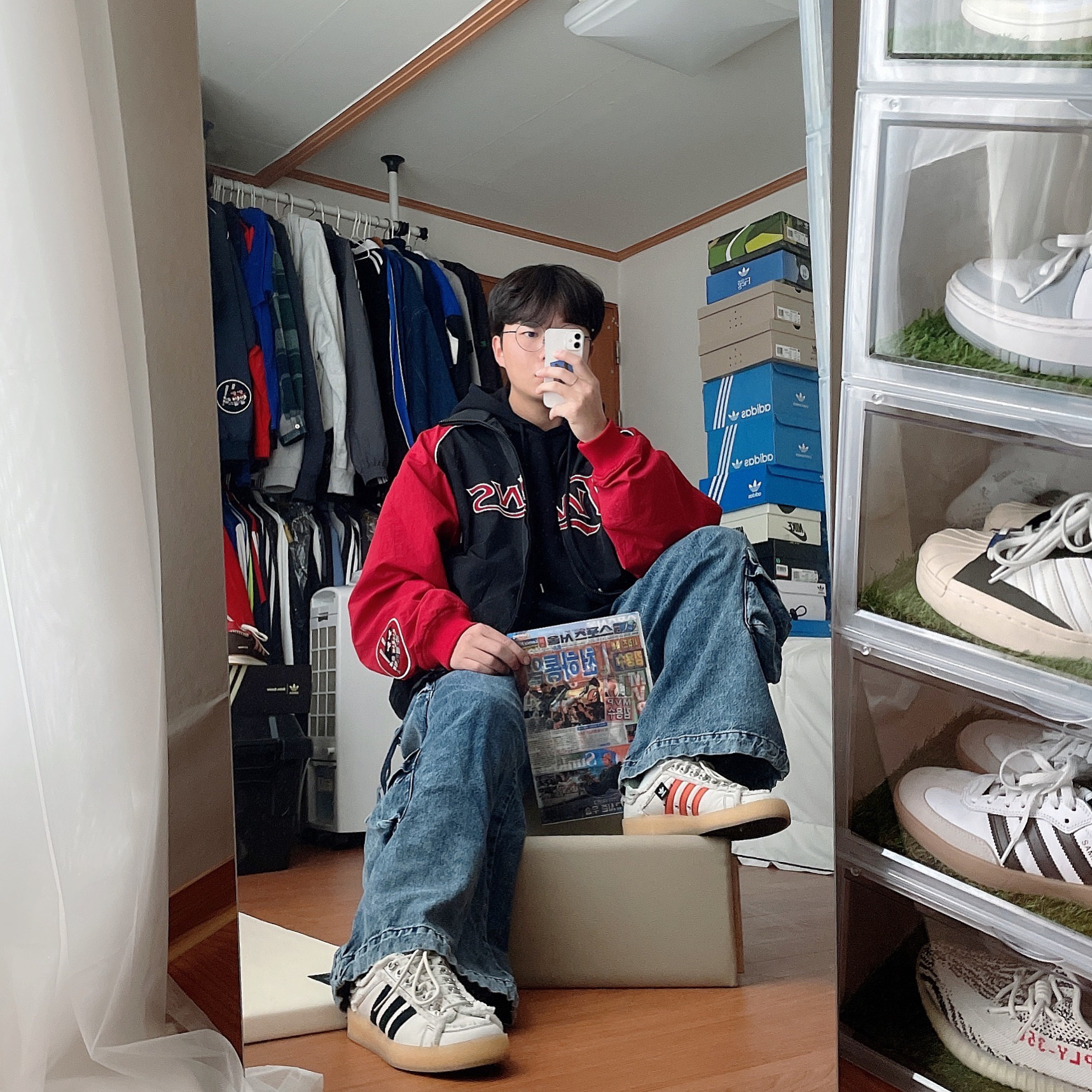 BDNS x LG TWINS Dugout Jacket Red, Adidas x Song for the Mute Campus 80s Bliss Core Black 착용 스타일