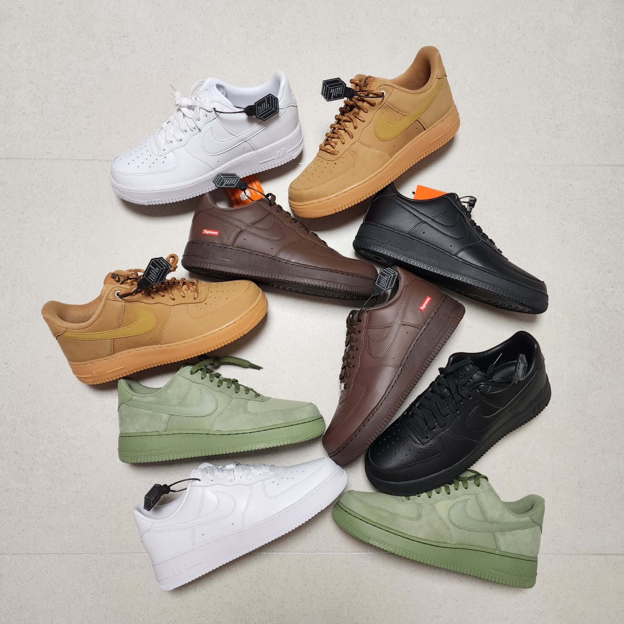 Nike x Supreme Air Force 1 Low Baroque Brown, Nike Air Force 1 '07 Fresh White 착용 스타일