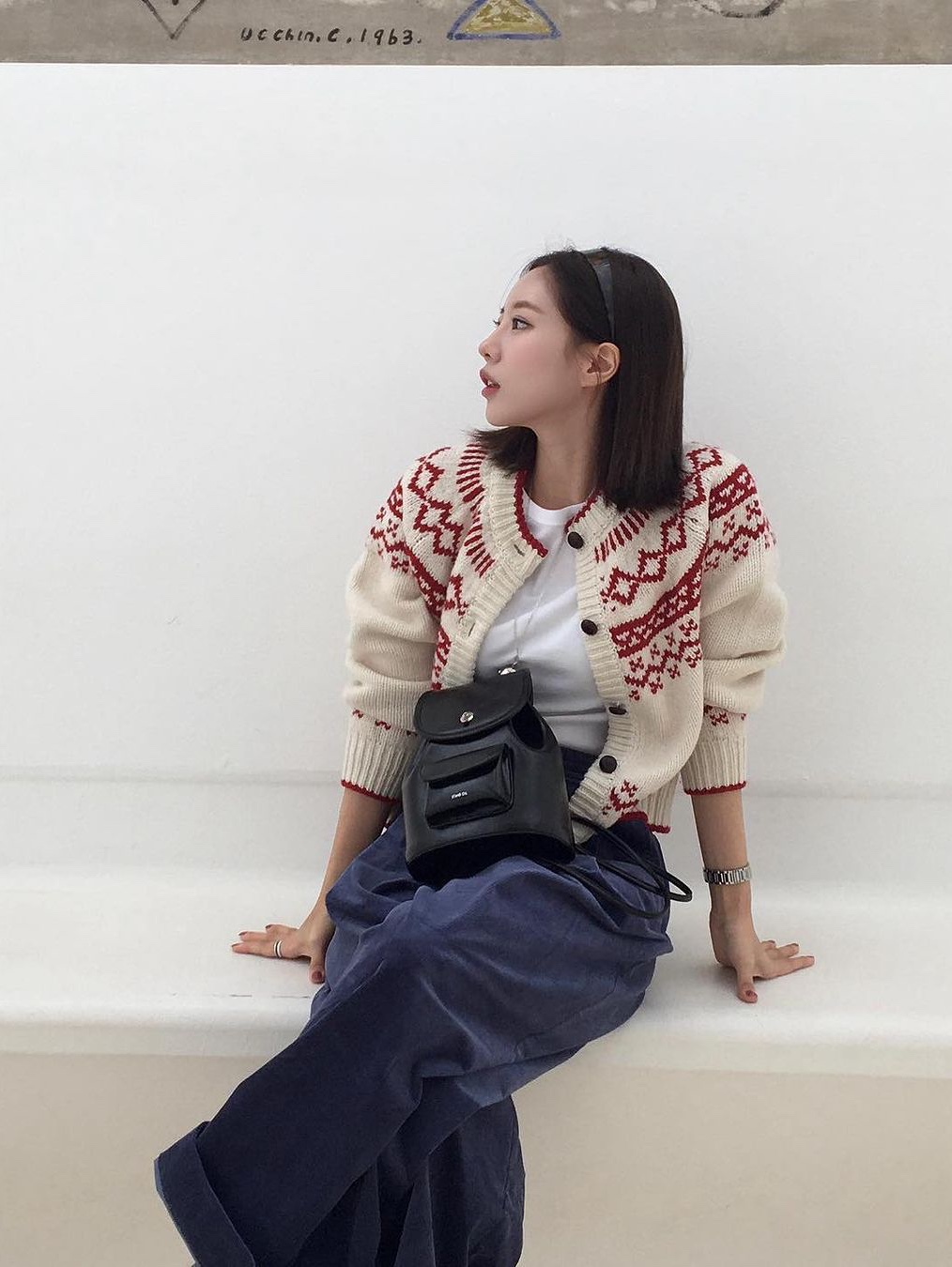 (W) Maison Kitsune Profile Fox Argyle Cardigan Light Pink, Greenbutter Women Vintage Jacquard Pattern Cardigan Sky blue 착용 스타일 - 5