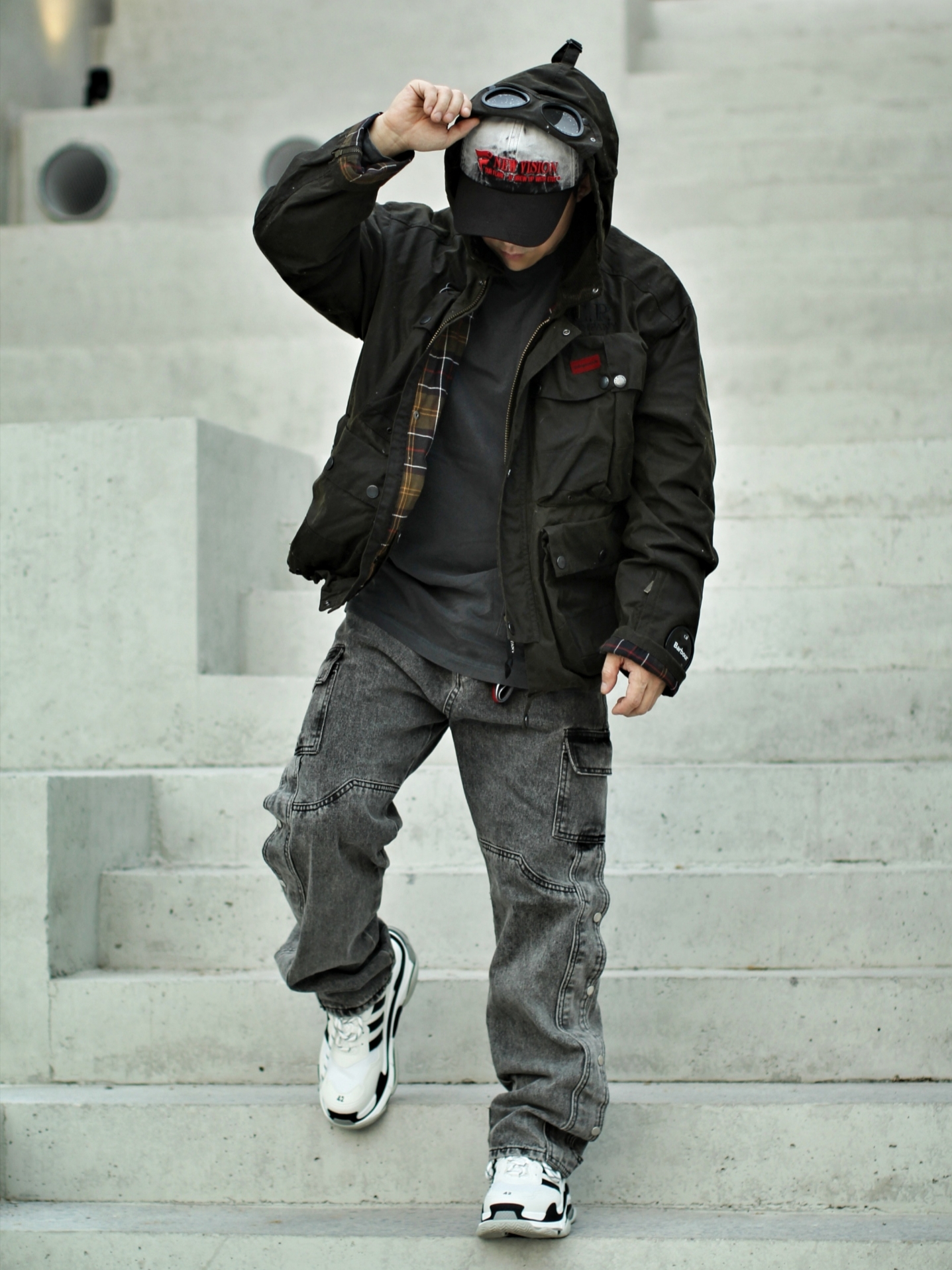 ETCE Fadeout Cap Black, C.P. Company x Barbour 500 Miglia Jacket Green 착용 스타일 - 2