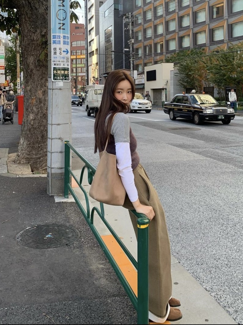 The Row Small N/S Park Tote in Nubuck Tundra 착용 스타일