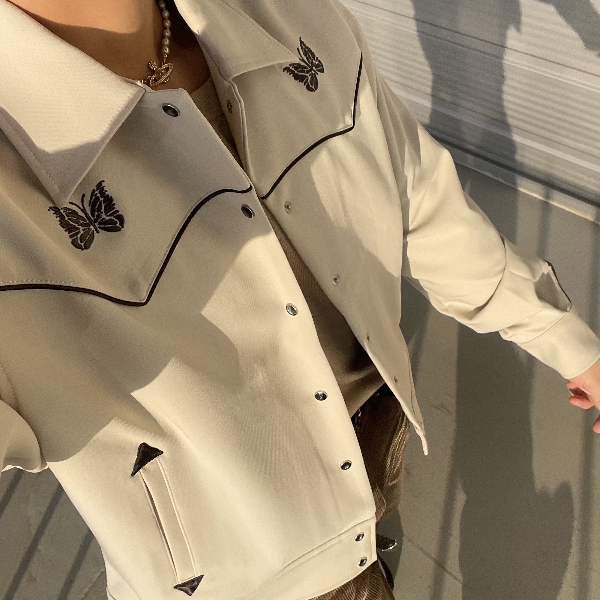 Needles PE/PU Double Cloth Piping Cowboy Jacket Beige 착용 스타일 - 1