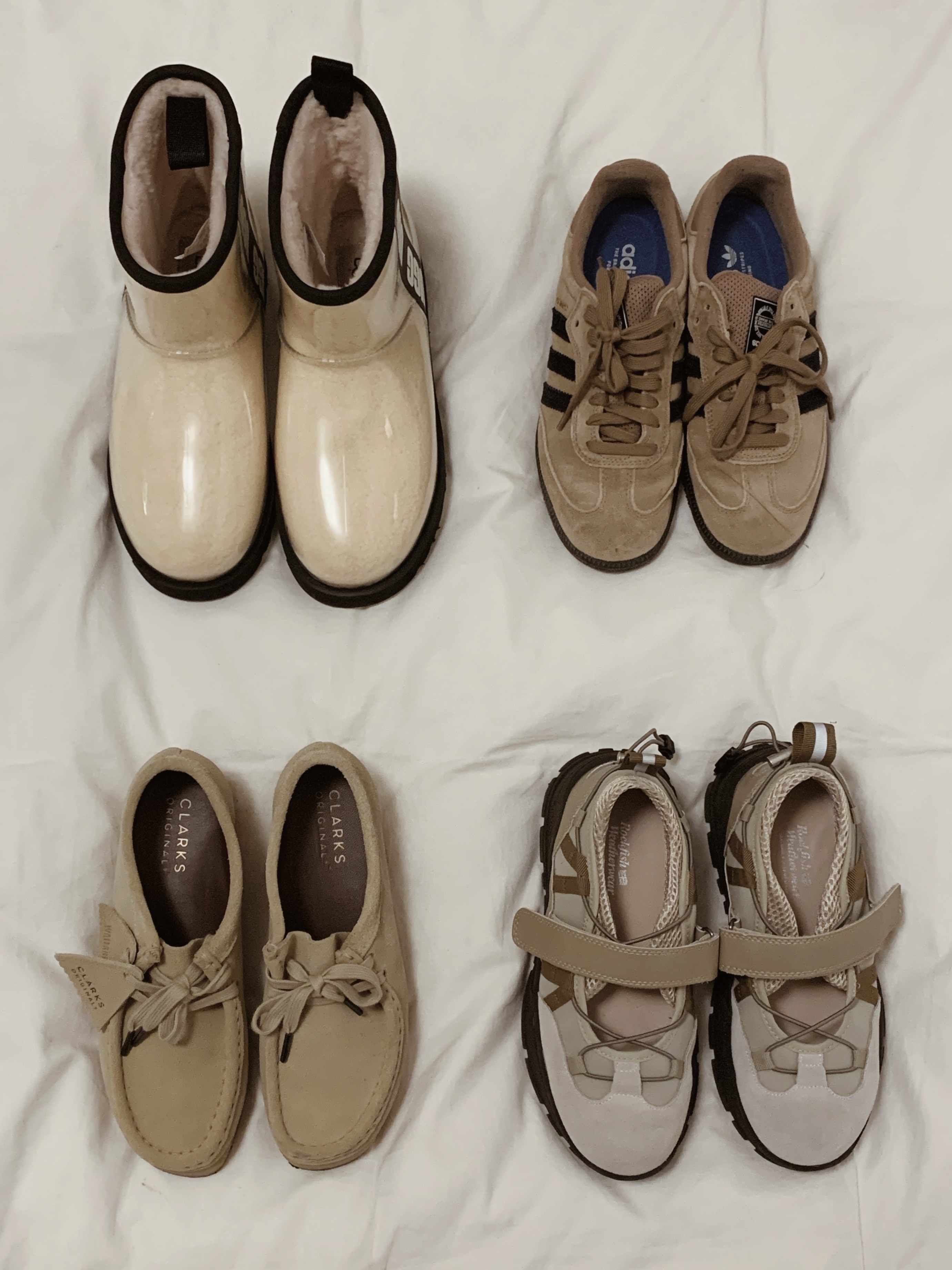 (W) Clarks Wallabee Maple Suede, Adidas Samba ADV Cardboard 착용 스타일