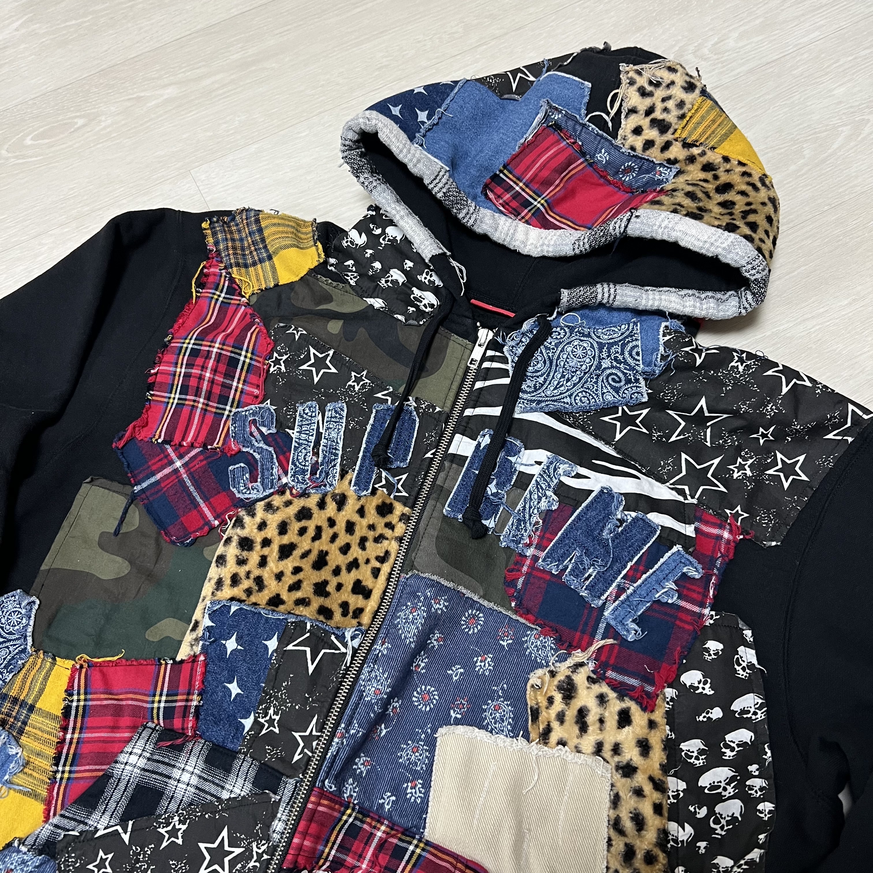 Supreme Patchwork Zip Up Hooded Sweatshirt Black - 22FW 착용 스타일 - 1
