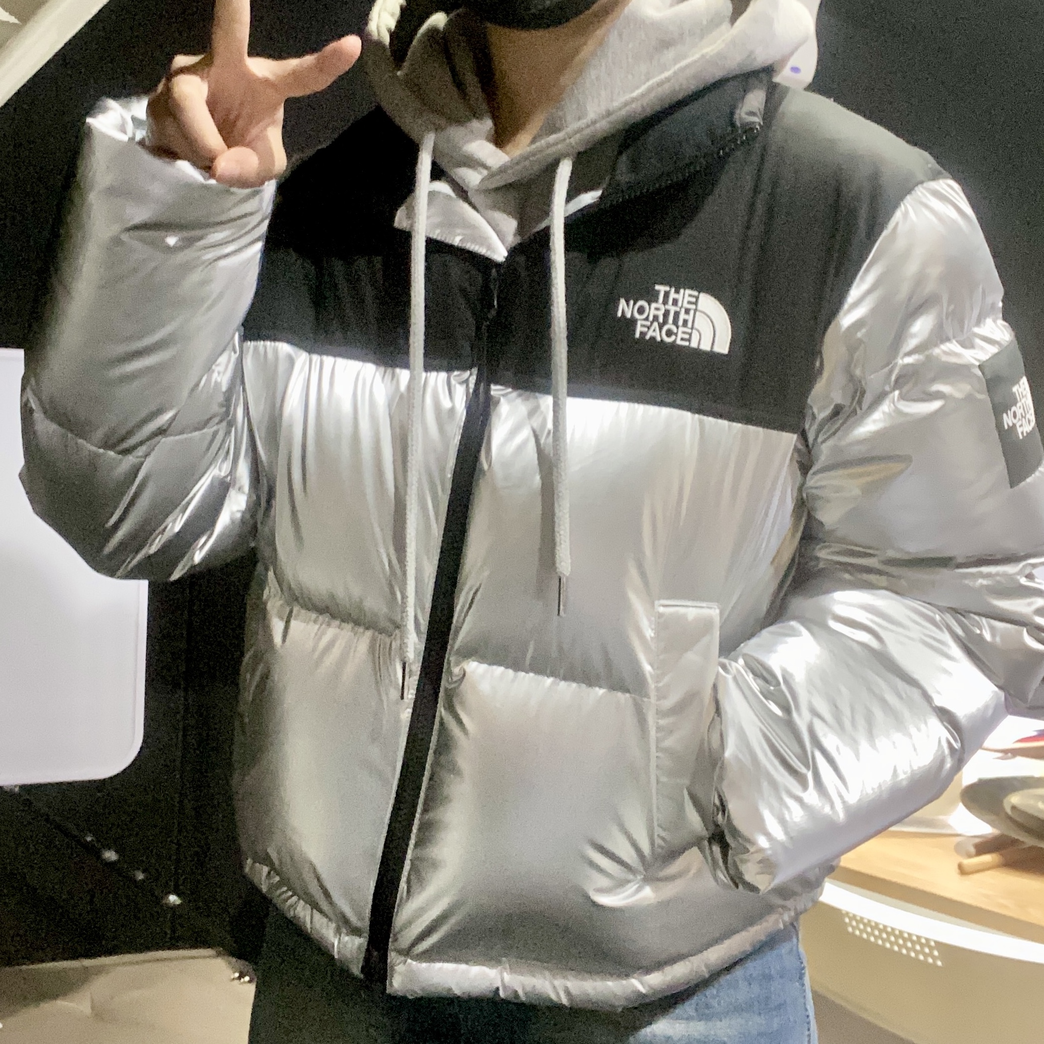 (W) The North Face White Label Novelty Nuptse Down Jacket SE Silver 착용 스타일