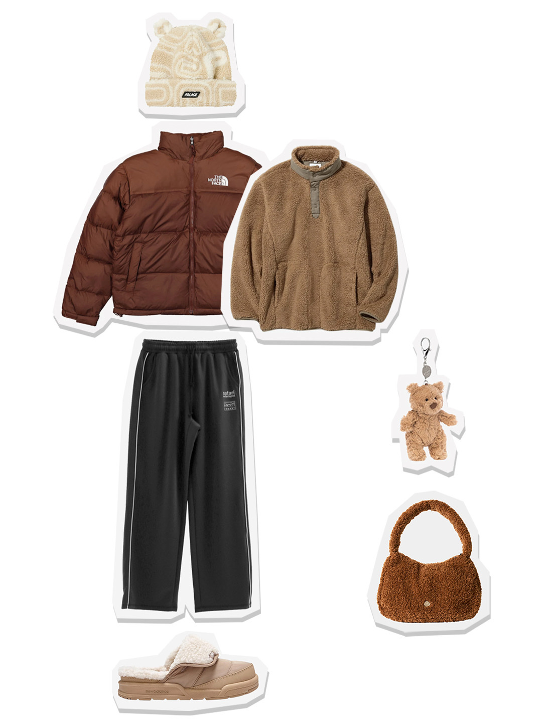 The North Face 1996 Retro Nuptse Jacket Dark Oak, Uniqlo x White Mountaineering WPJ Fleece OverSized Long Sleeve Pullover Beige 착용 스타일 - 1