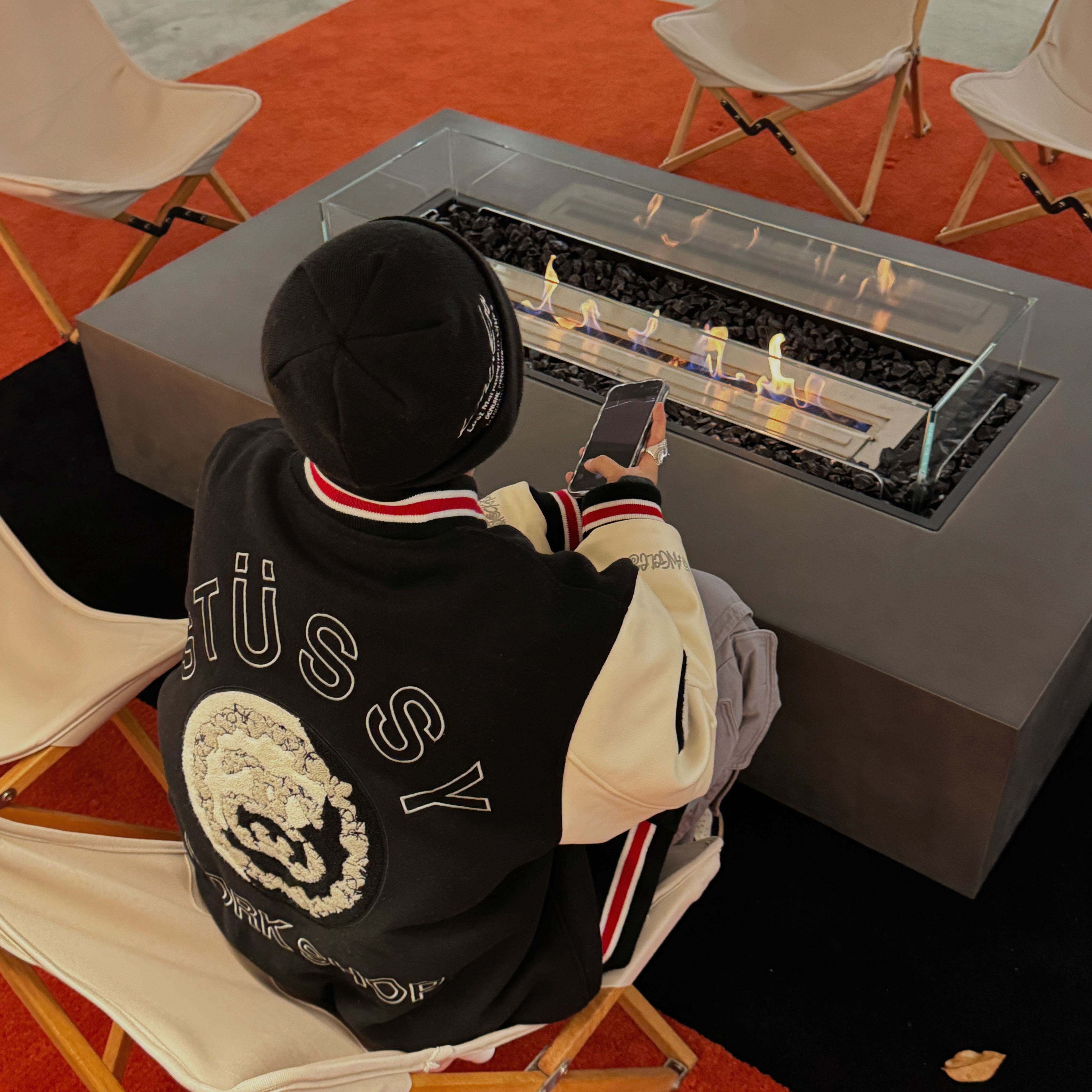 Stussy x Our Legacy x Denim Tears TTL Varsity Jacket Black 착용 스타일 - 5