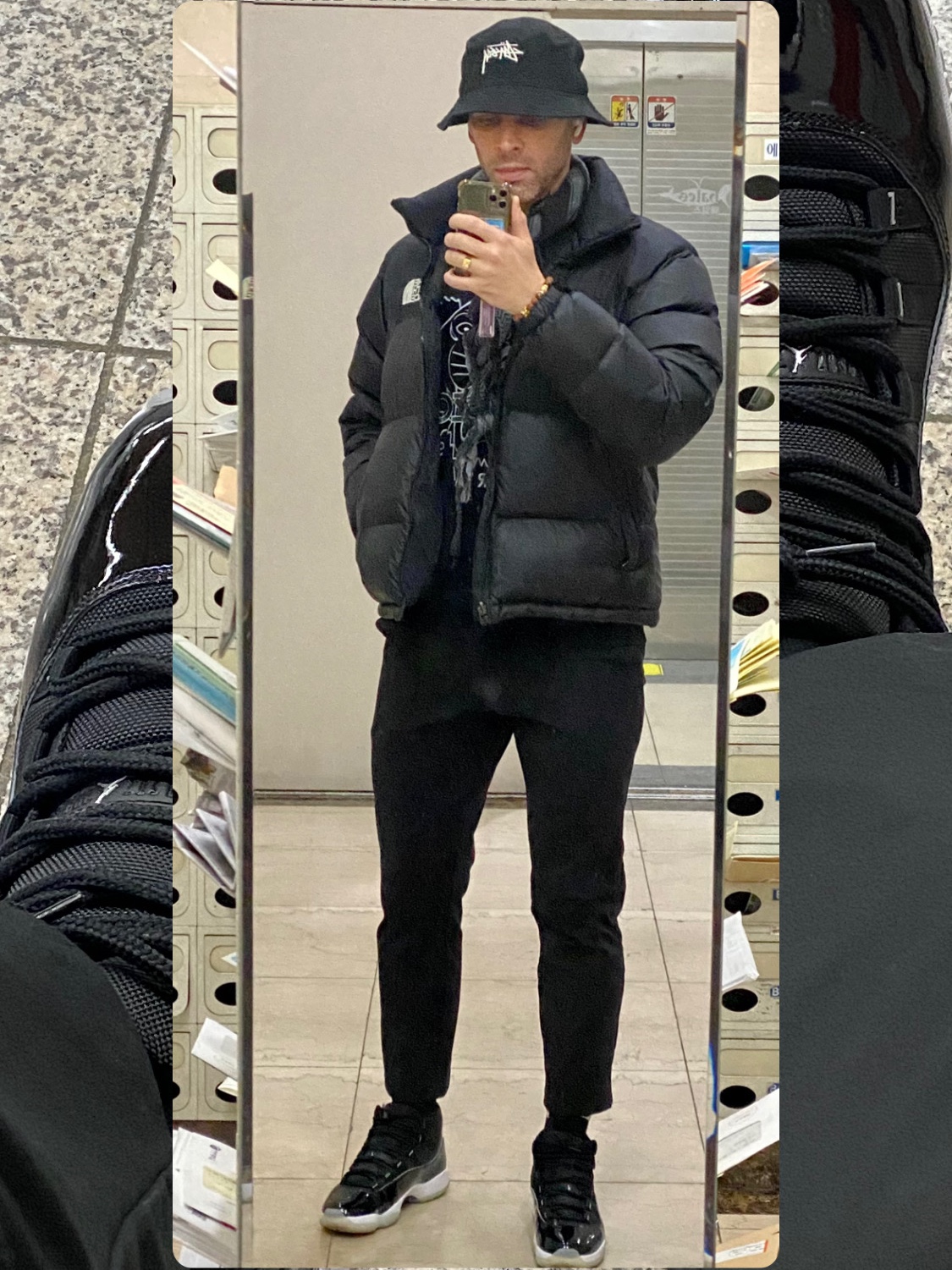 Stussy Big Stock Bucket Hat Black, The North Face 1996 Eco Nuptse Jacket Black 착용 스타일 - 2