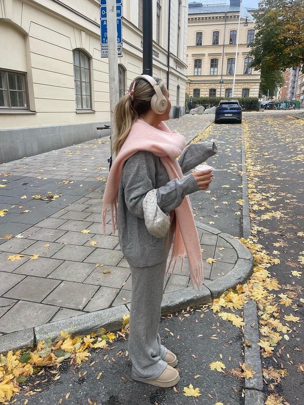 Acne Studios Narrow Wool Fringe Muffler Bubble Pink, (W) Max Mara Wsdalia Cashmere Stole with Embroidery Light Blue 착용 스타일 - 6