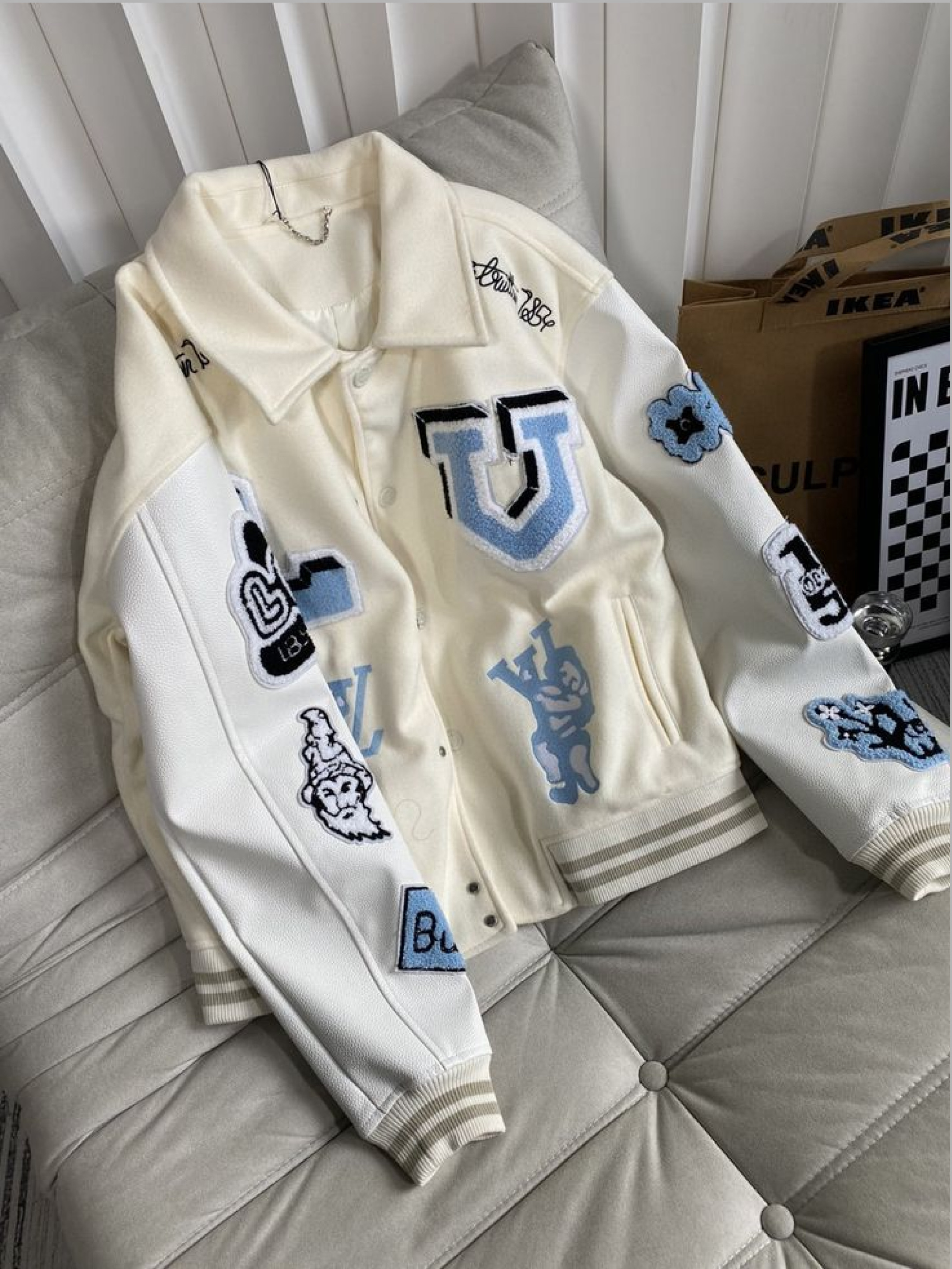 Louis Vuitton Multi Patch Mixed Leather Varsity Blouson Milky White 착용 스타일 - 5