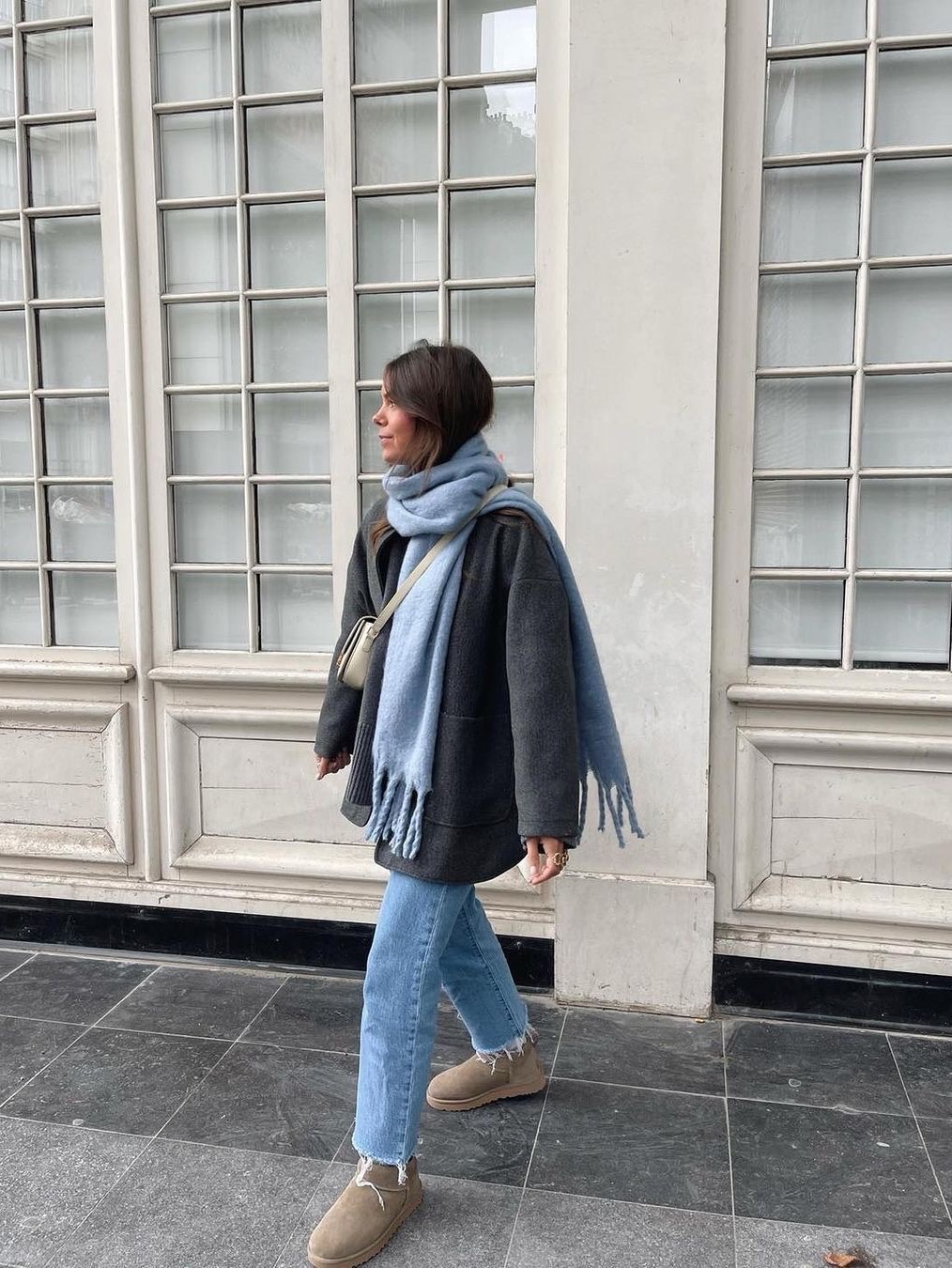 Acne Studios Narrow Wool Fringe Muffler Bubble Pink, (W) Max Mara Wsdalia Cashmere Stole with Embroidery Light Blue 착용 스타일 - 5