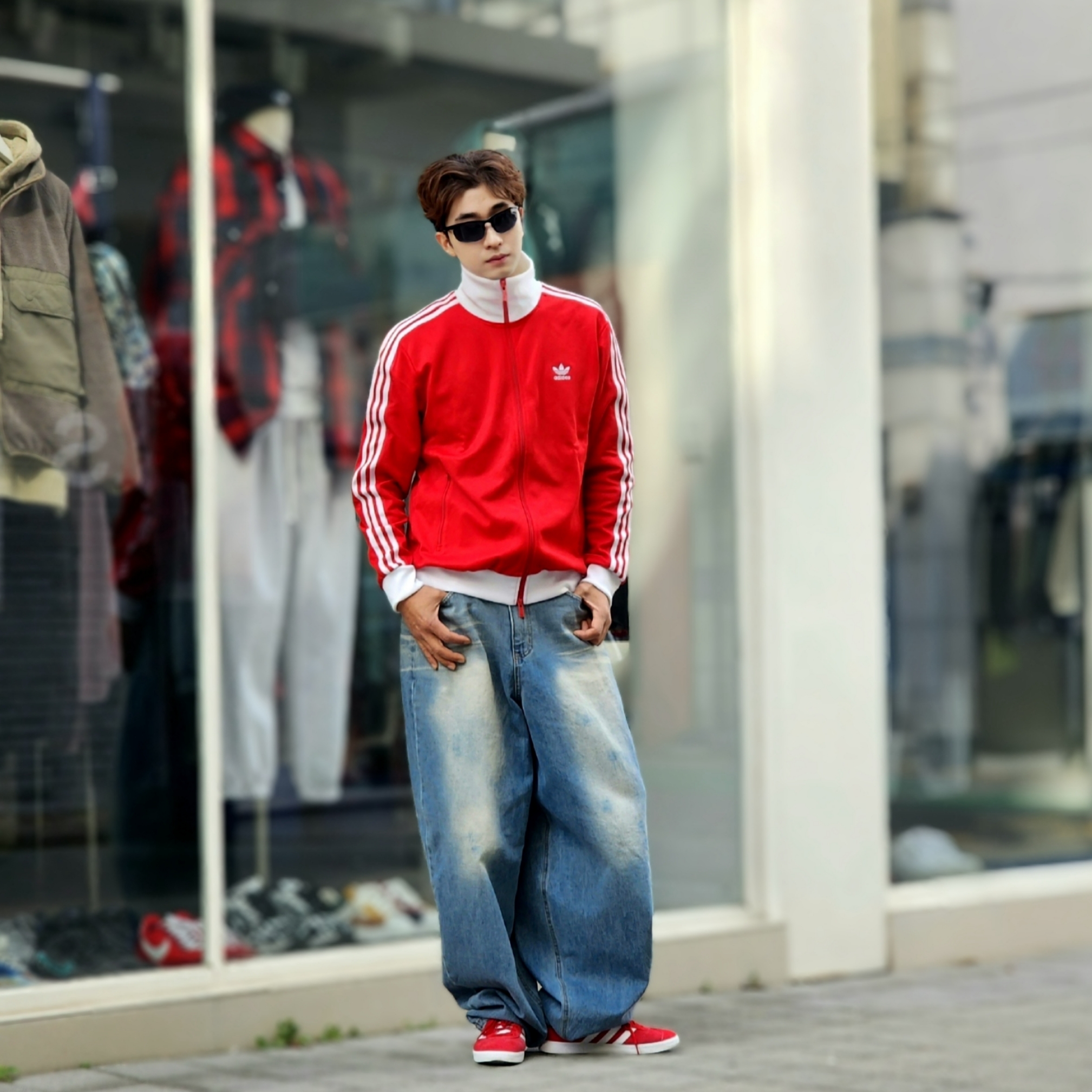 Adidas Gazelle Power Red, Adidas Adicolor Classic Beckenbauer Track Top Better Scarlet White - KR Sizing 착용 스타일 - 10