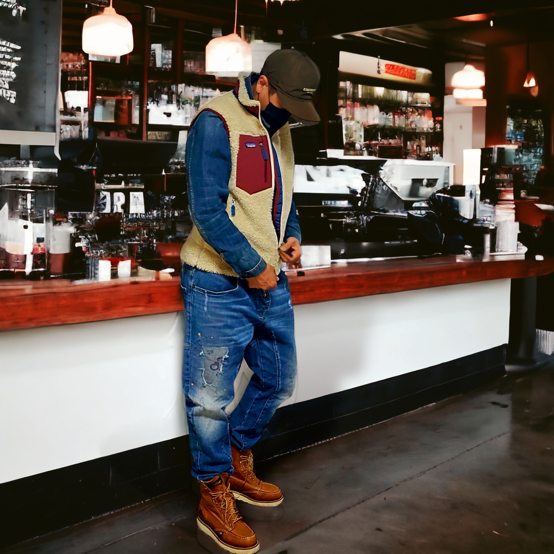 Essentials x New Era Retro Crown Strapback Brown, Patagonia Classic Retro-X Vest Dark Natural Sequoia Red 착용 스타일