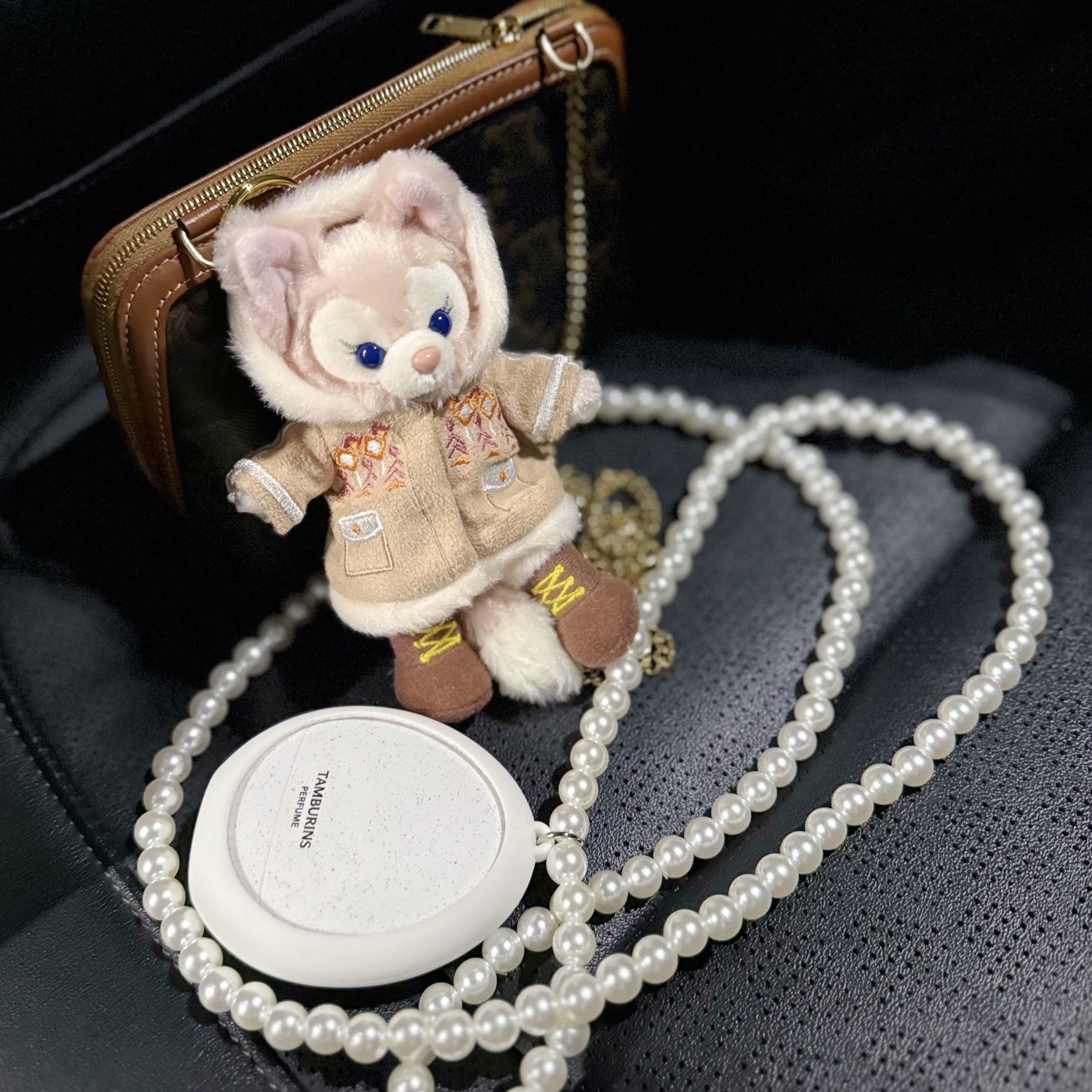 Celine Clutch with Chain in Triomphe Canvas and Lambskin Tan, Tamburins Pearl Case for Egg Perfume White 착용 스타일