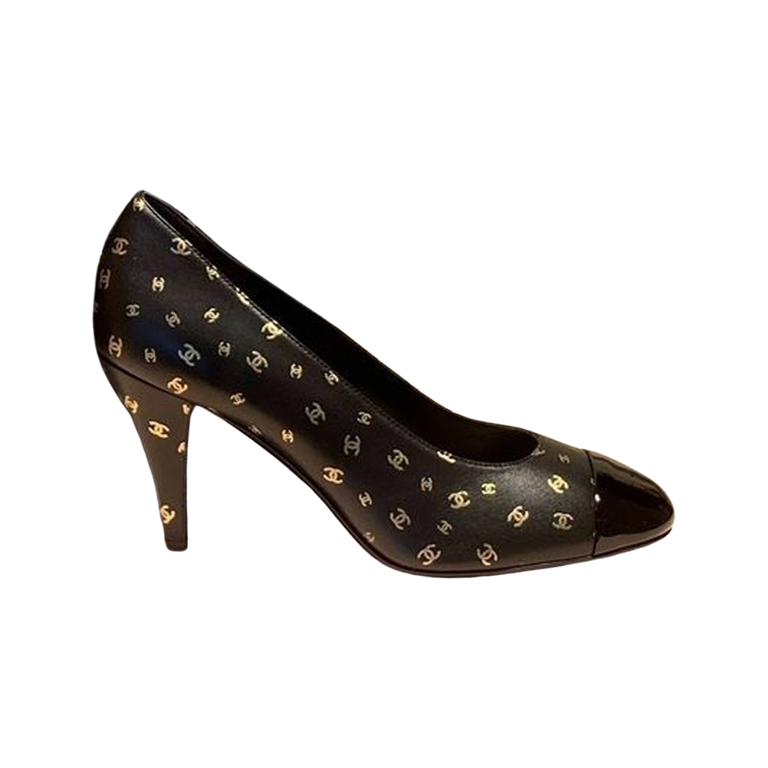 G45126-B13954-NR077 (W) Chanel Pumps Printed Lambskin Patent Calfskin & Gold Black